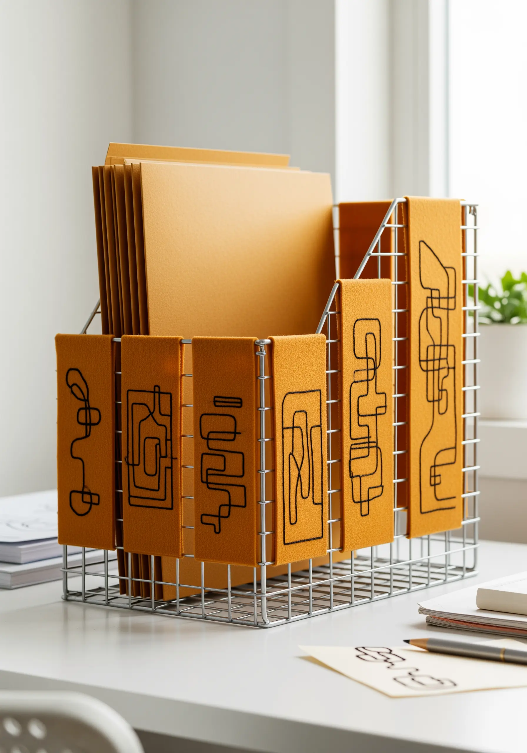 A wire file organizer with mustard-yellow felt panels, each embroidered with a continuous abstract black line.