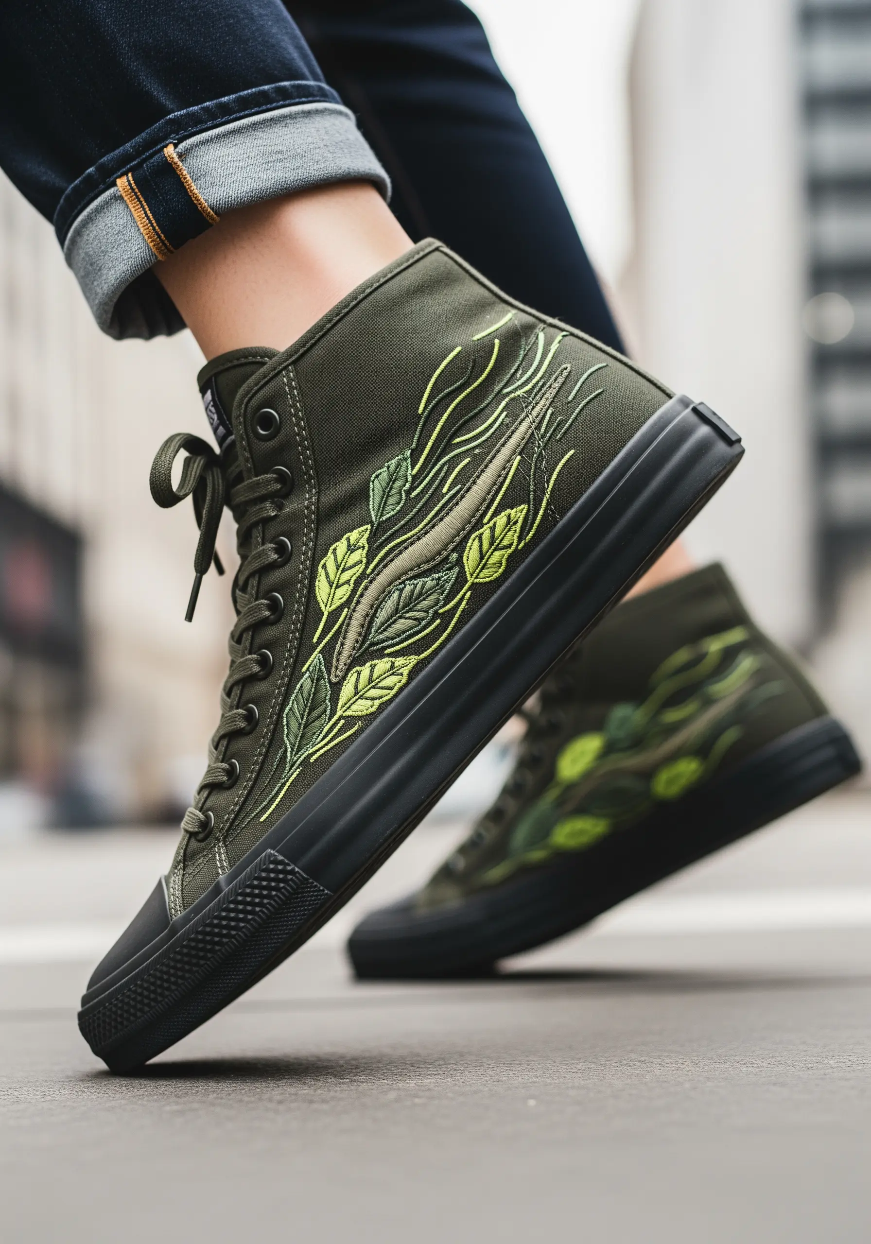 Abstract green and chartreuse leaf embroidery with flowing lines on olive high-tops.