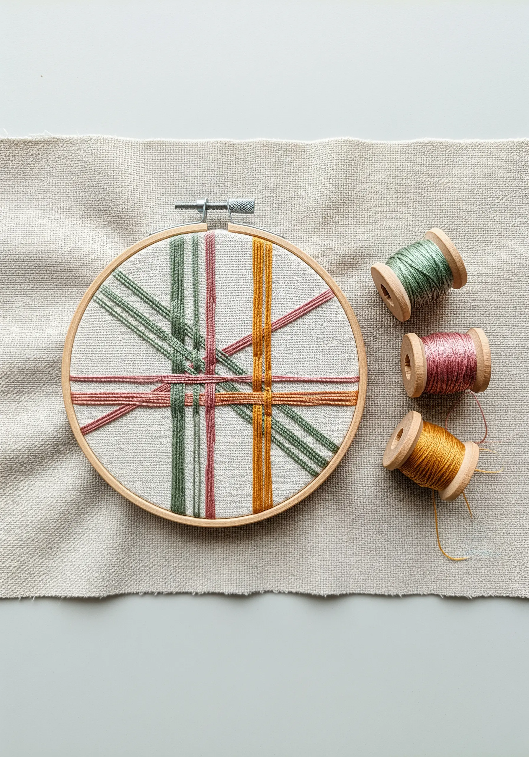 Abstract hoop art with threads woven across the center in a grid-like pattern.