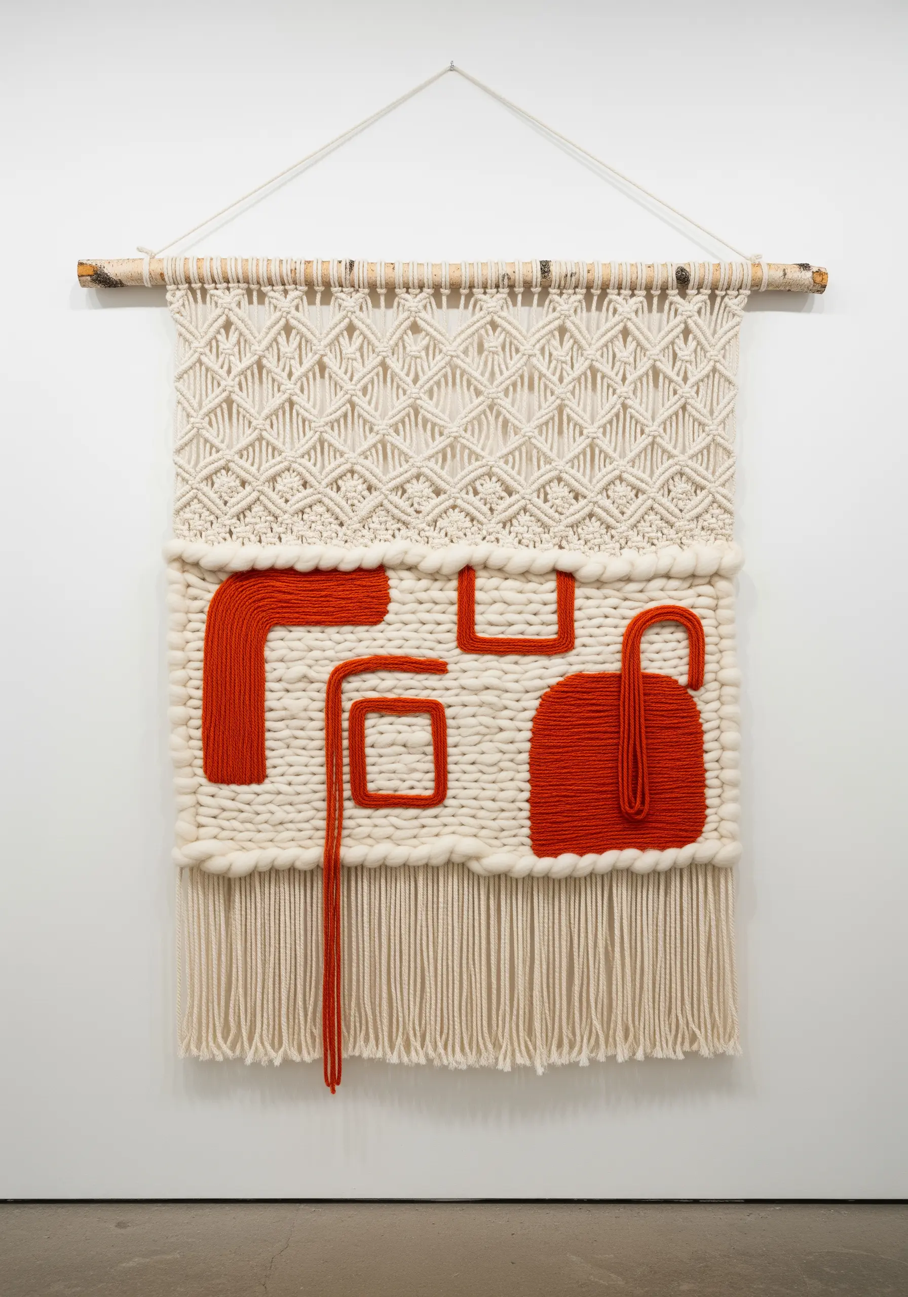 A neutral macrame wall hanging with bold, abstract red woven shapes.