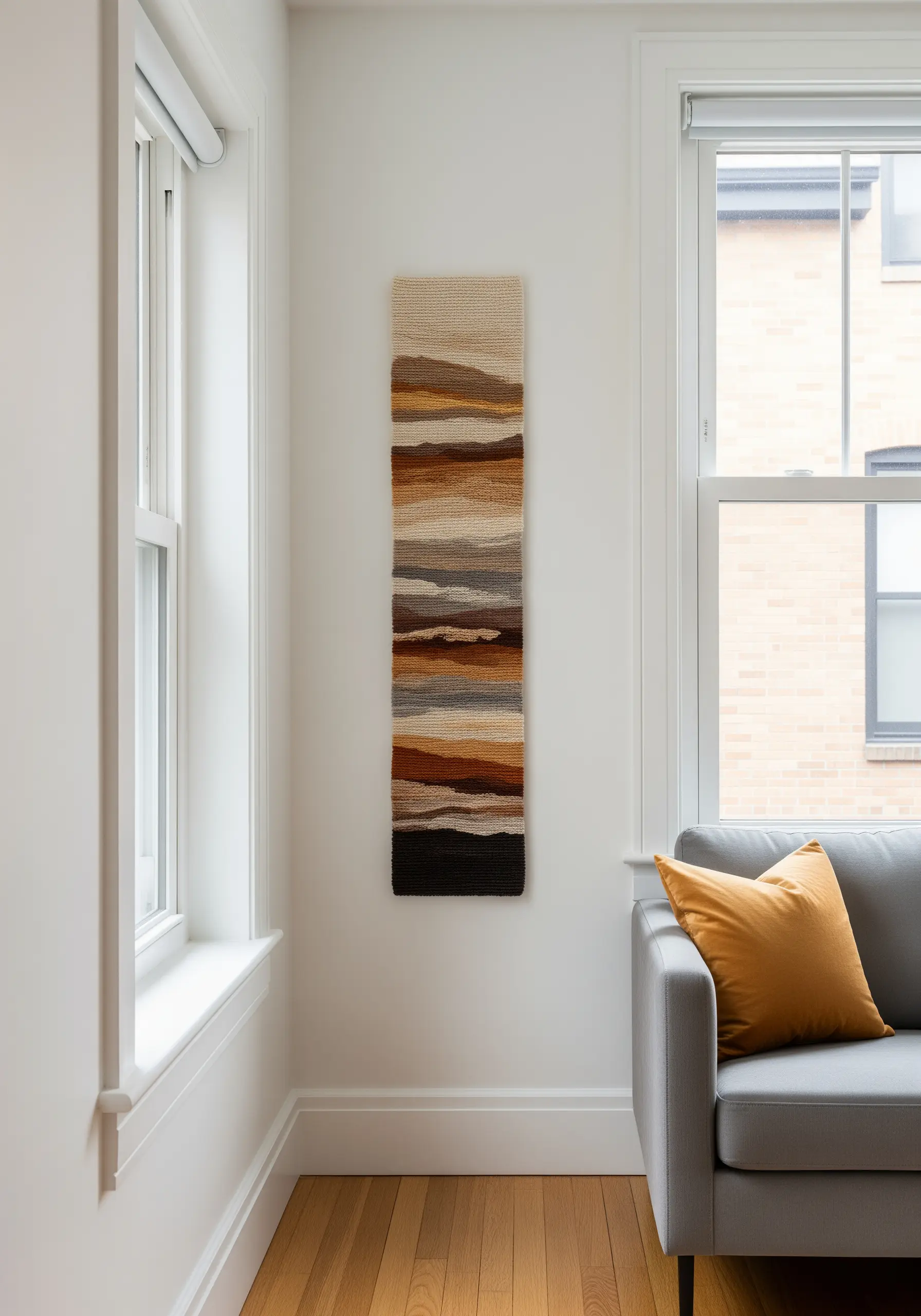 A narrow woven wall hanging with horizontal bands of earthy tones.