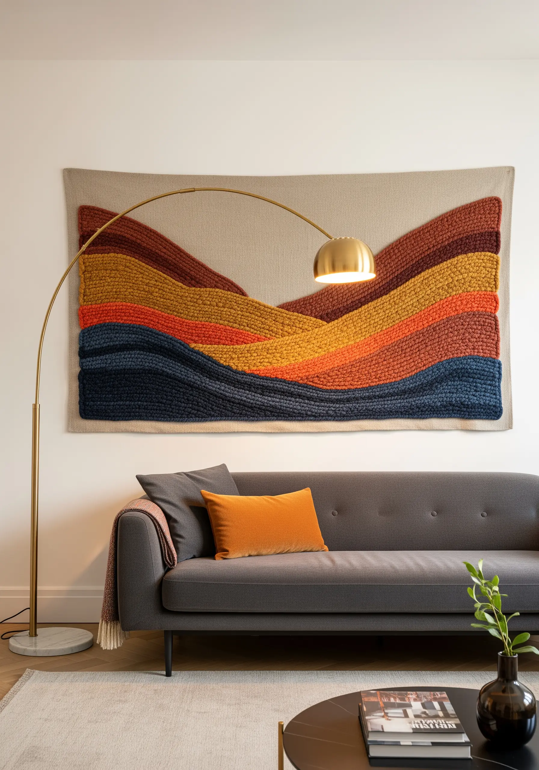 A large-scale abstract tapestry with wavy, textural bands of color in earthy tones.
