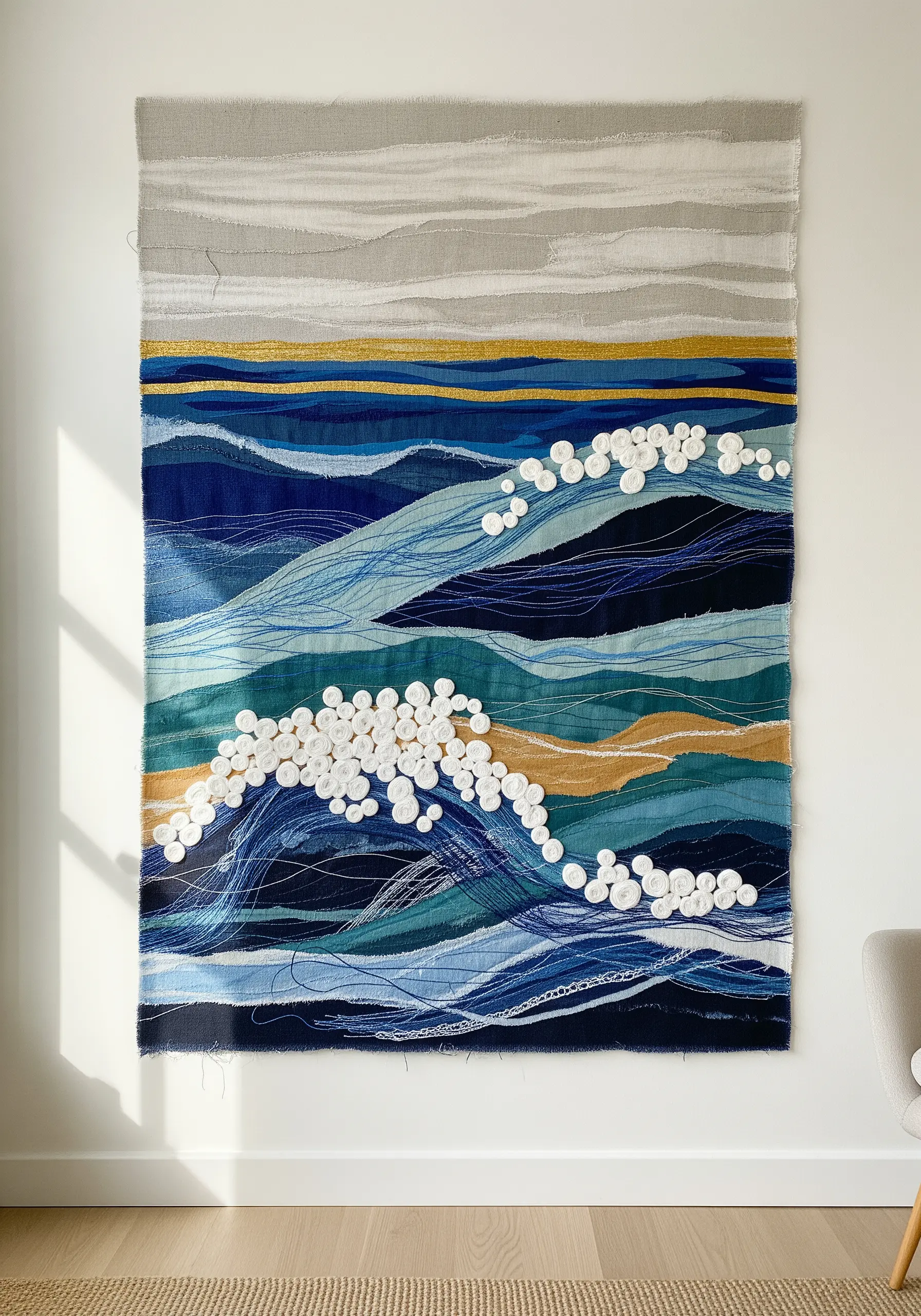 Large abstract seascape wall hanging made from layered blue, grey, and gold scrap fabrics