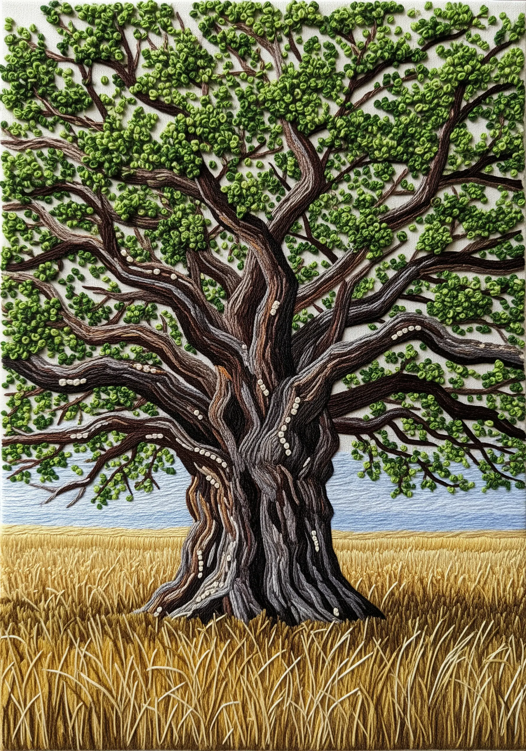 Intricately embroidered old oak tree with textured bark and dense green foliage.