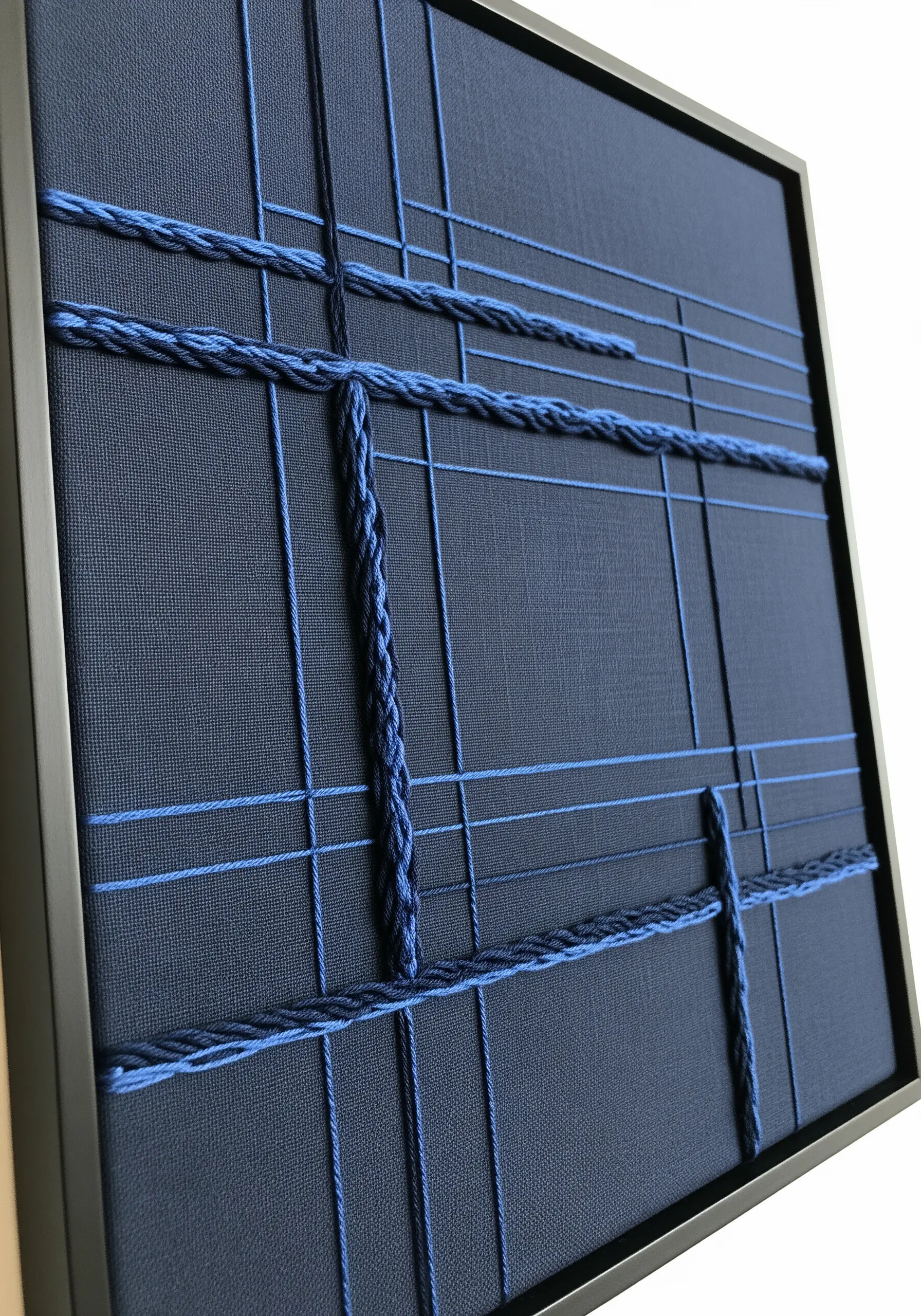 Framed abstract embroidery of a blue grid on navy fabric, using thick and thin threads.