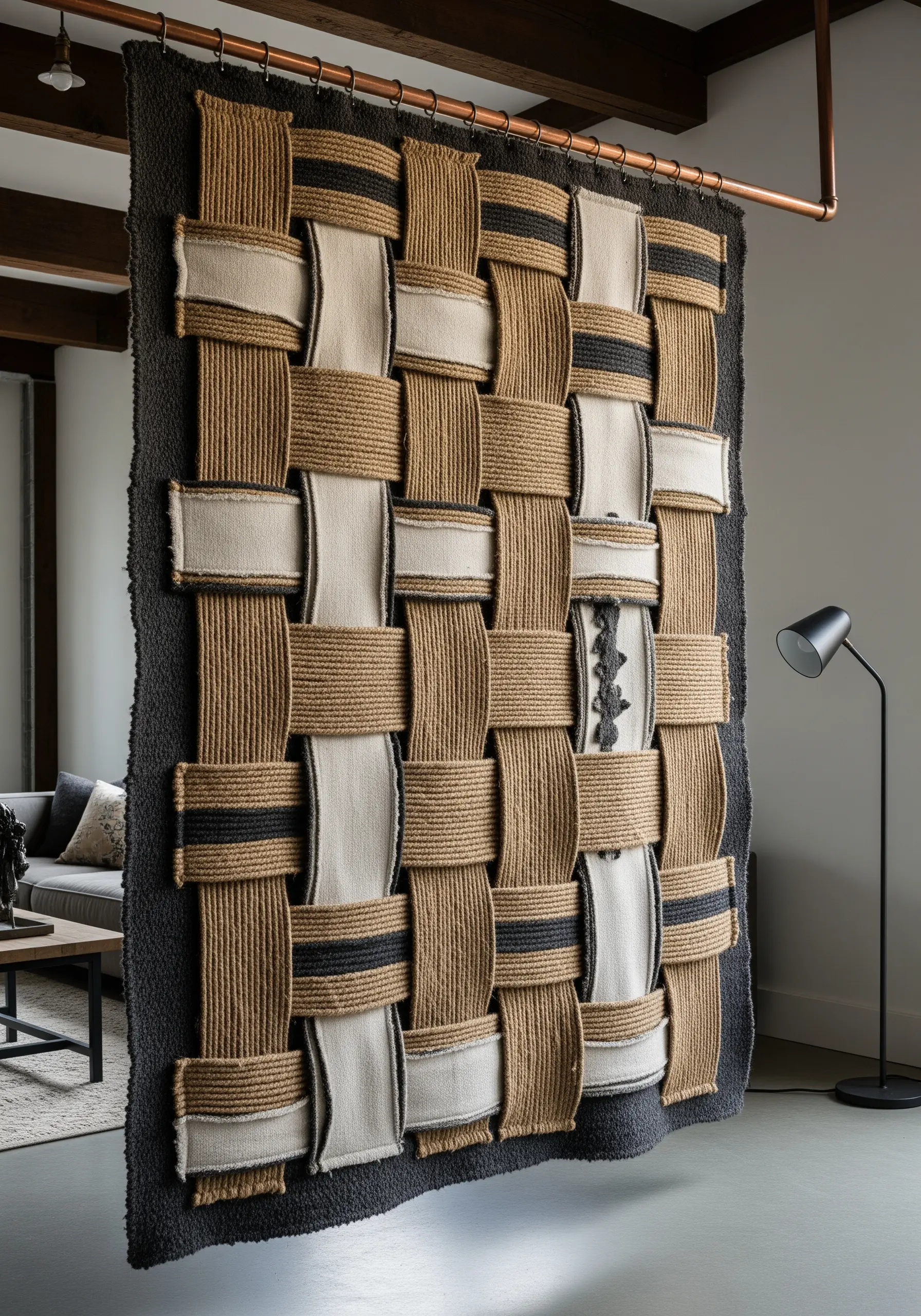 A large, woven room divider made from thick jute rope and wide strips of neutral-colored fabric.