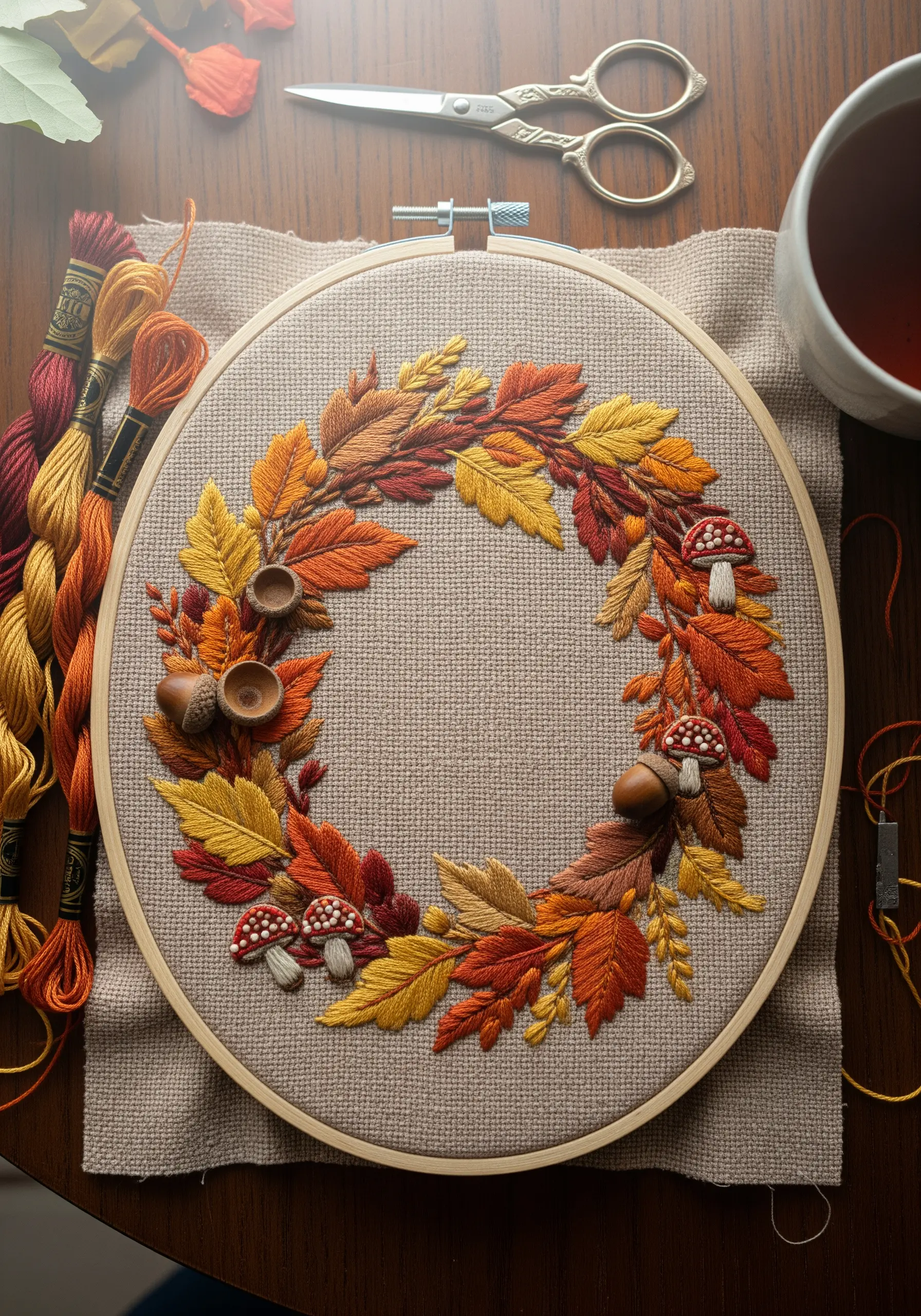 An embroidered wreath of autumn leaves, acorns, and mushrooms in warm tones.
