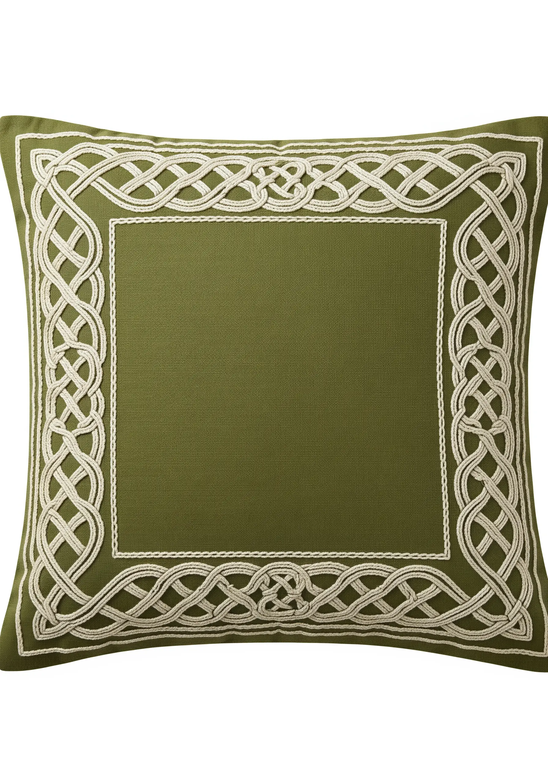 An interlocking Celtic knot border embroidered in cream thread on an olive green cushion