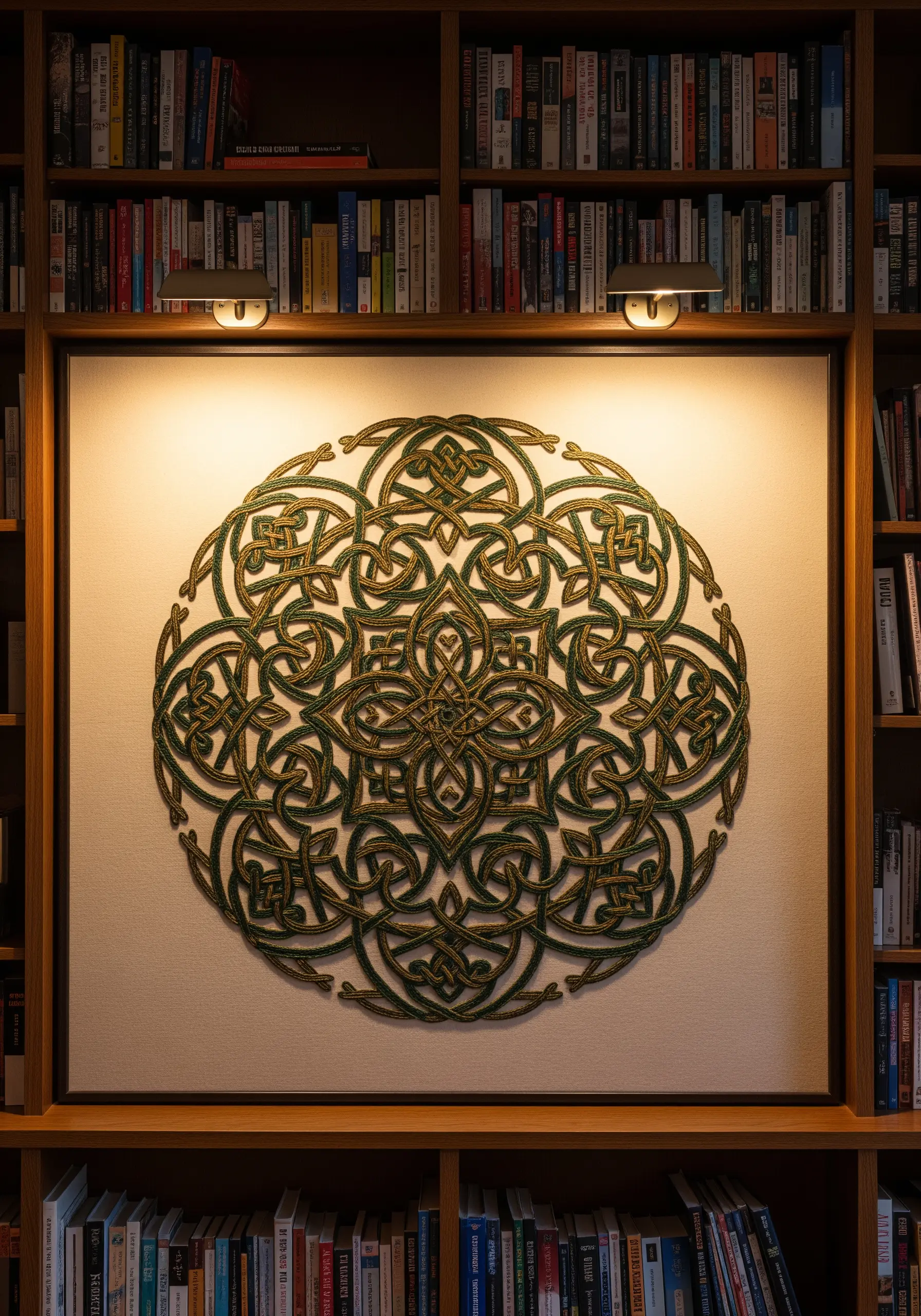 A large, framed Celtic knot mandala embroidered in shades of green and gold.