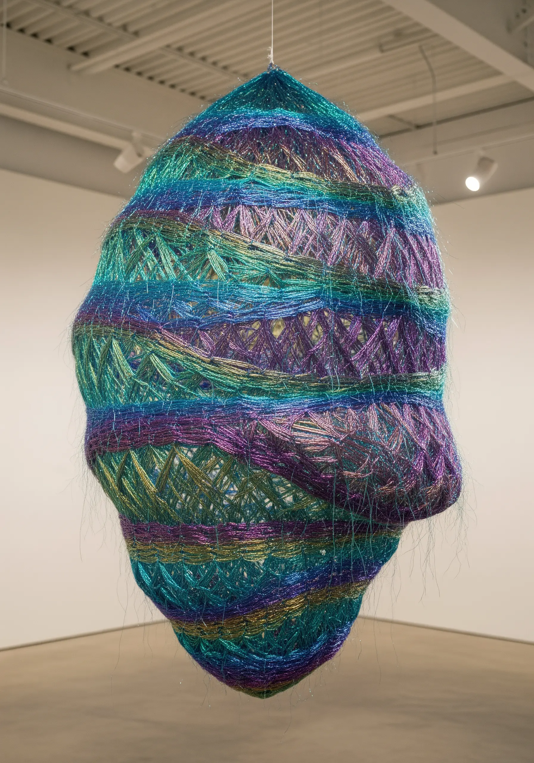 A cocoon-like sculpture wrapped in iridescent and colorful metallic threads hangs from the ceiling.