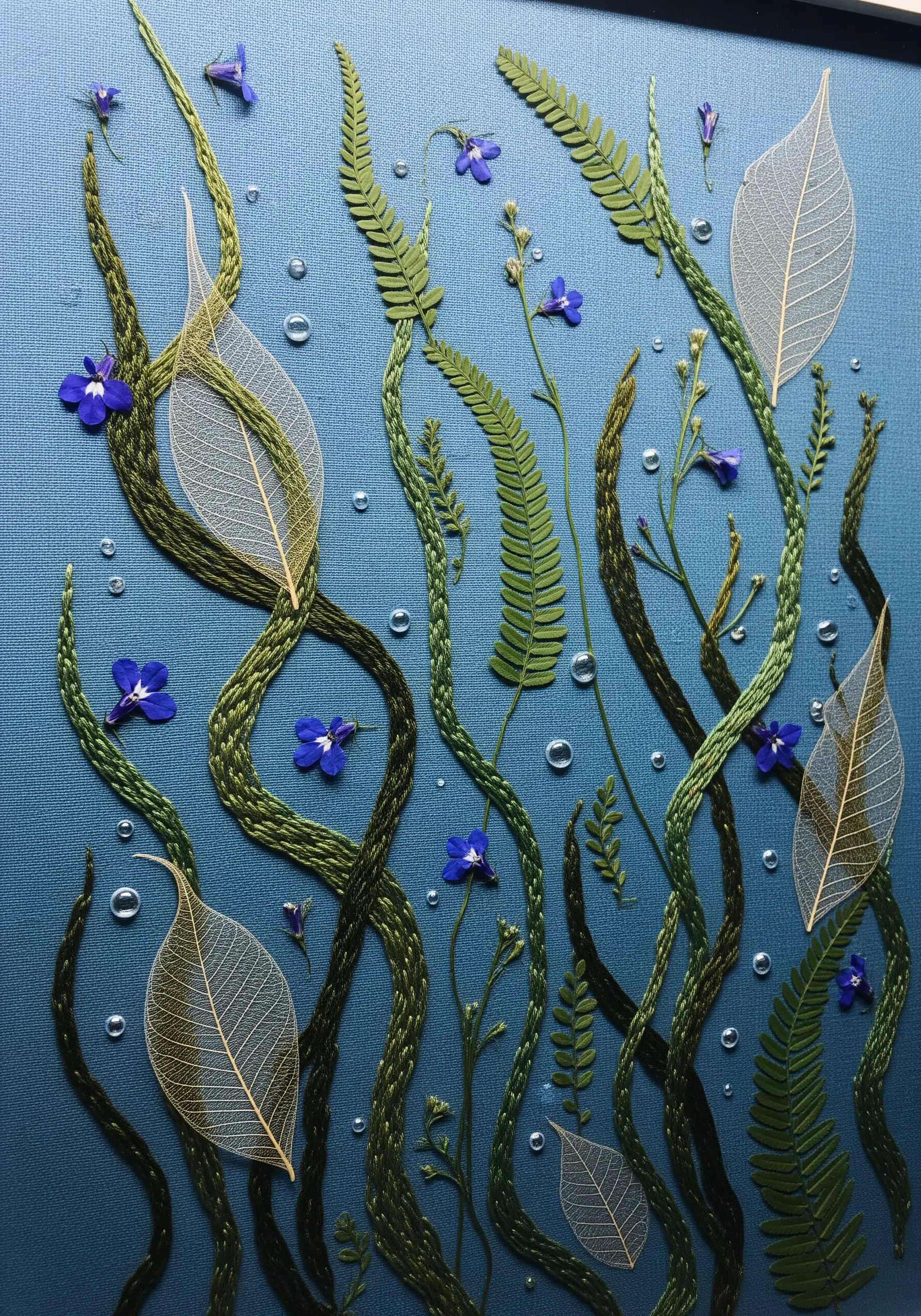 An abstract underwater scene with couched green yarns, pressed ferns, skeleton leaves, and tiny flowers.