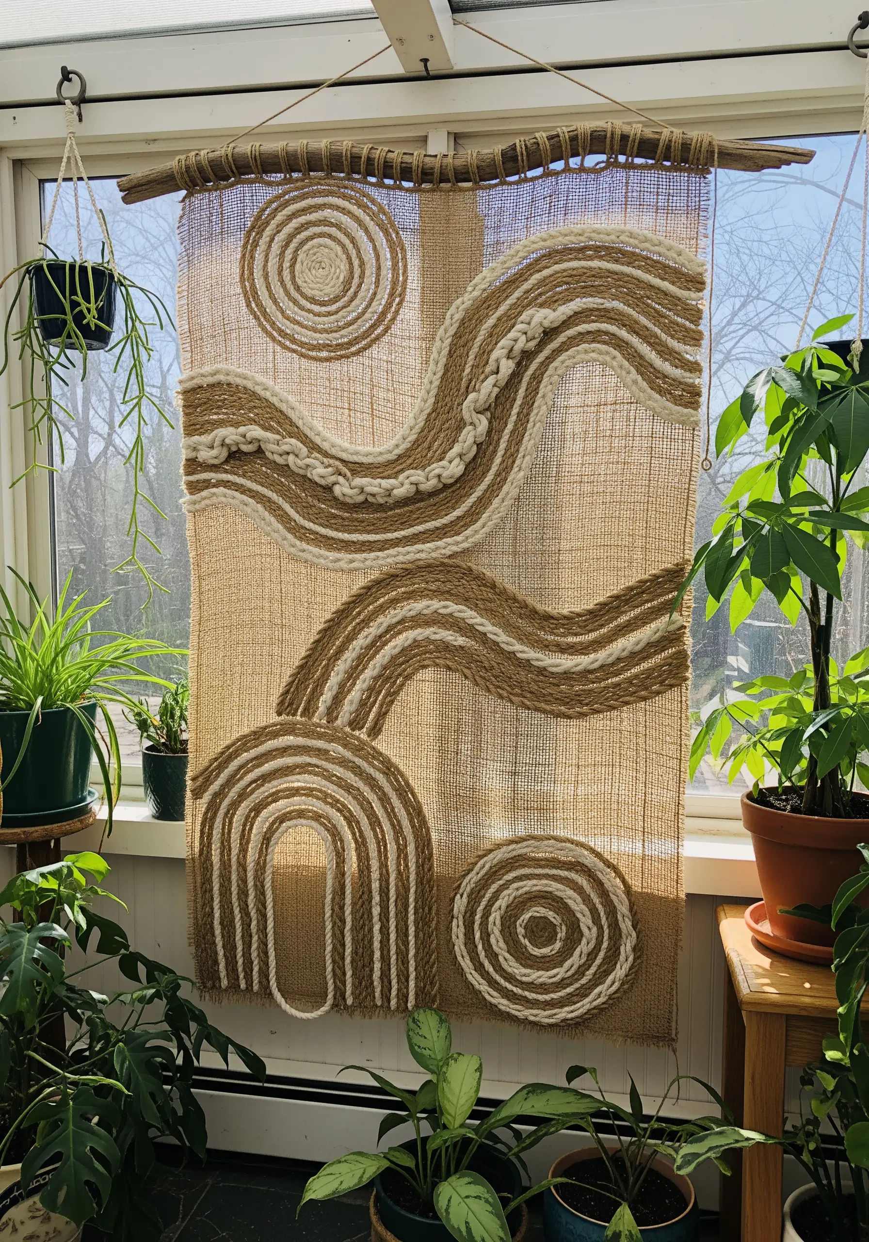 A wall hanging made of burlap with abstract lines created from couched jute and cotton rope.