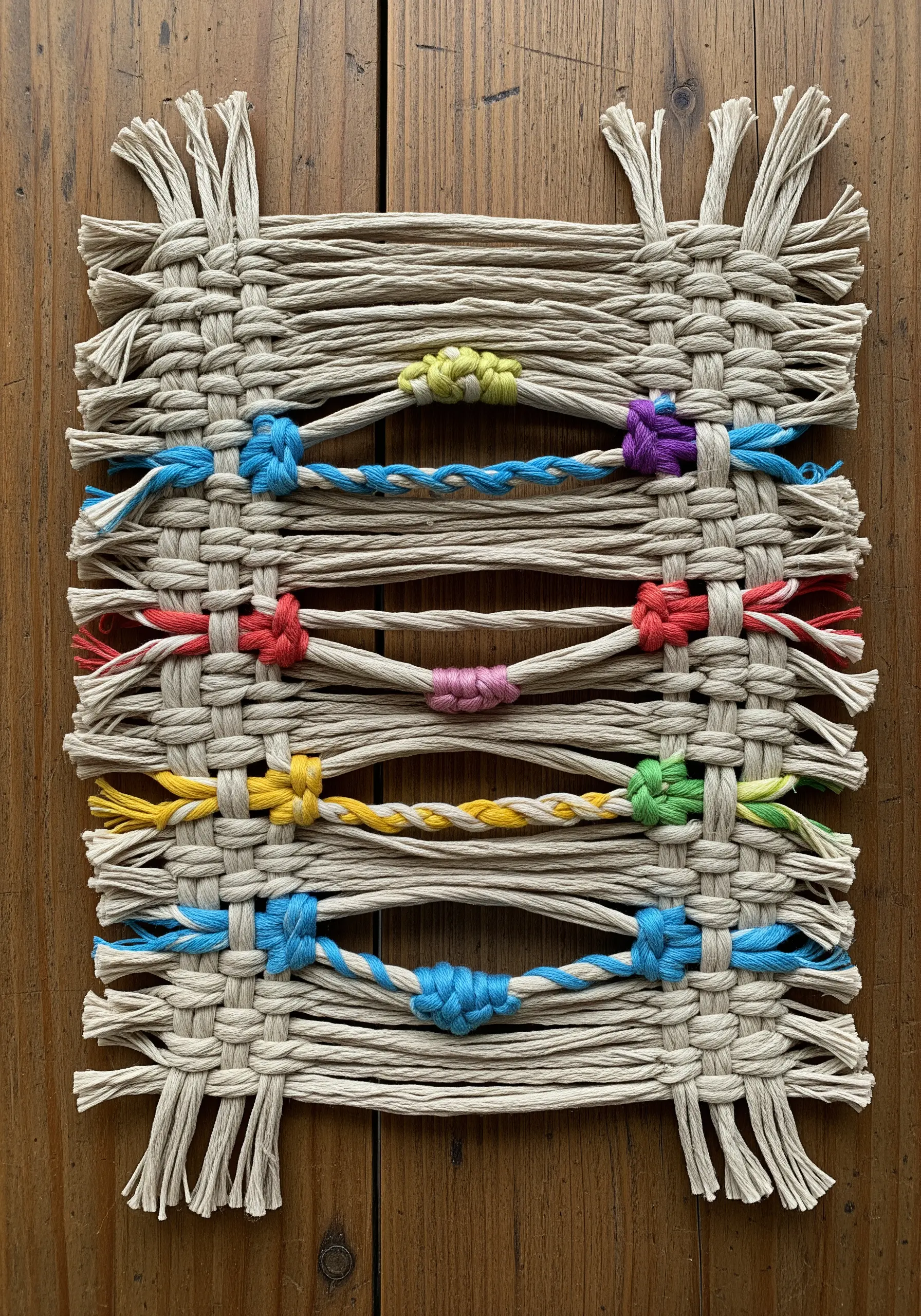 A small, rustic woven mat with colorful knots creating patterns and gaps.