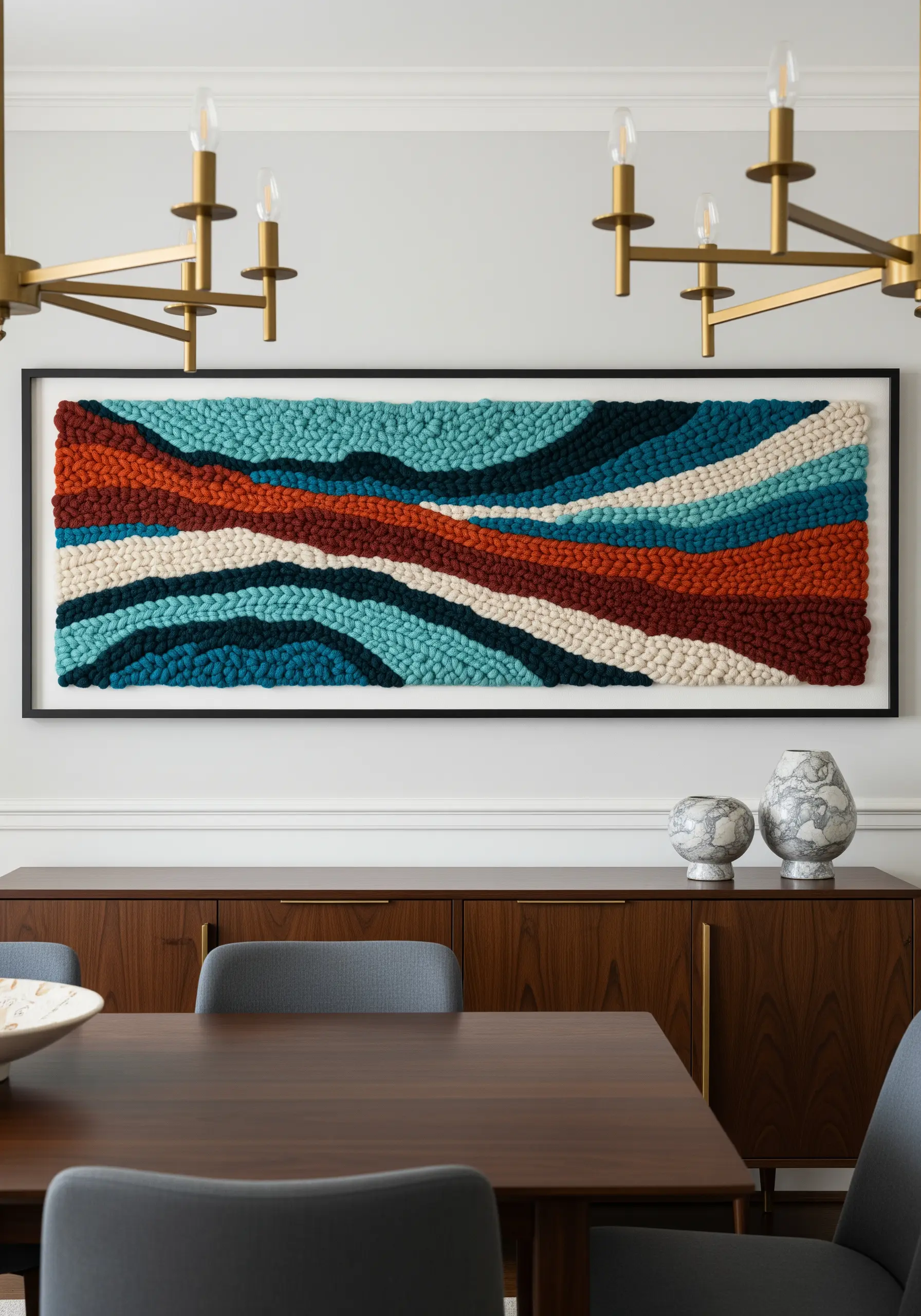 Large framed abstract landscape made with thick, textured yarn in wavy layers.