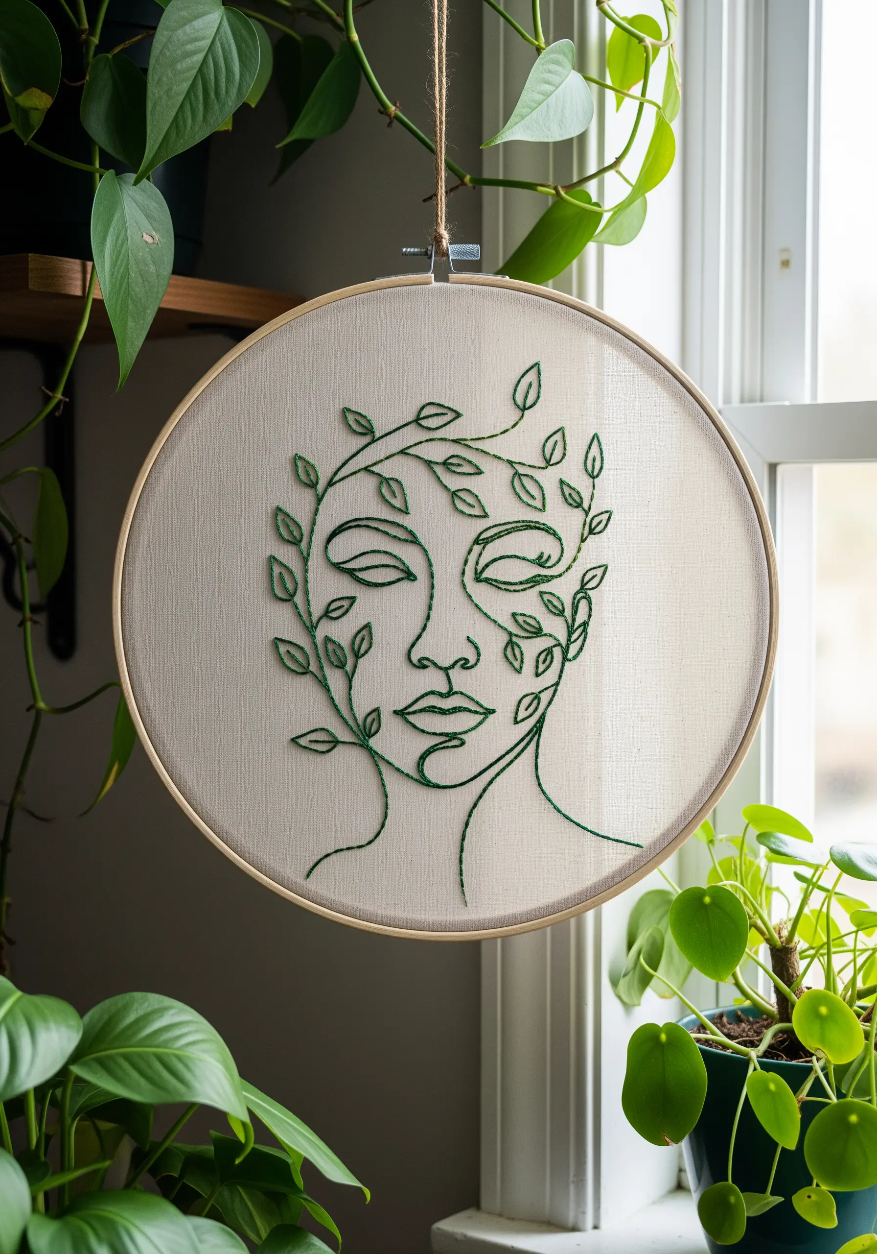 A line art face with green vines and leaves growing over and around it.