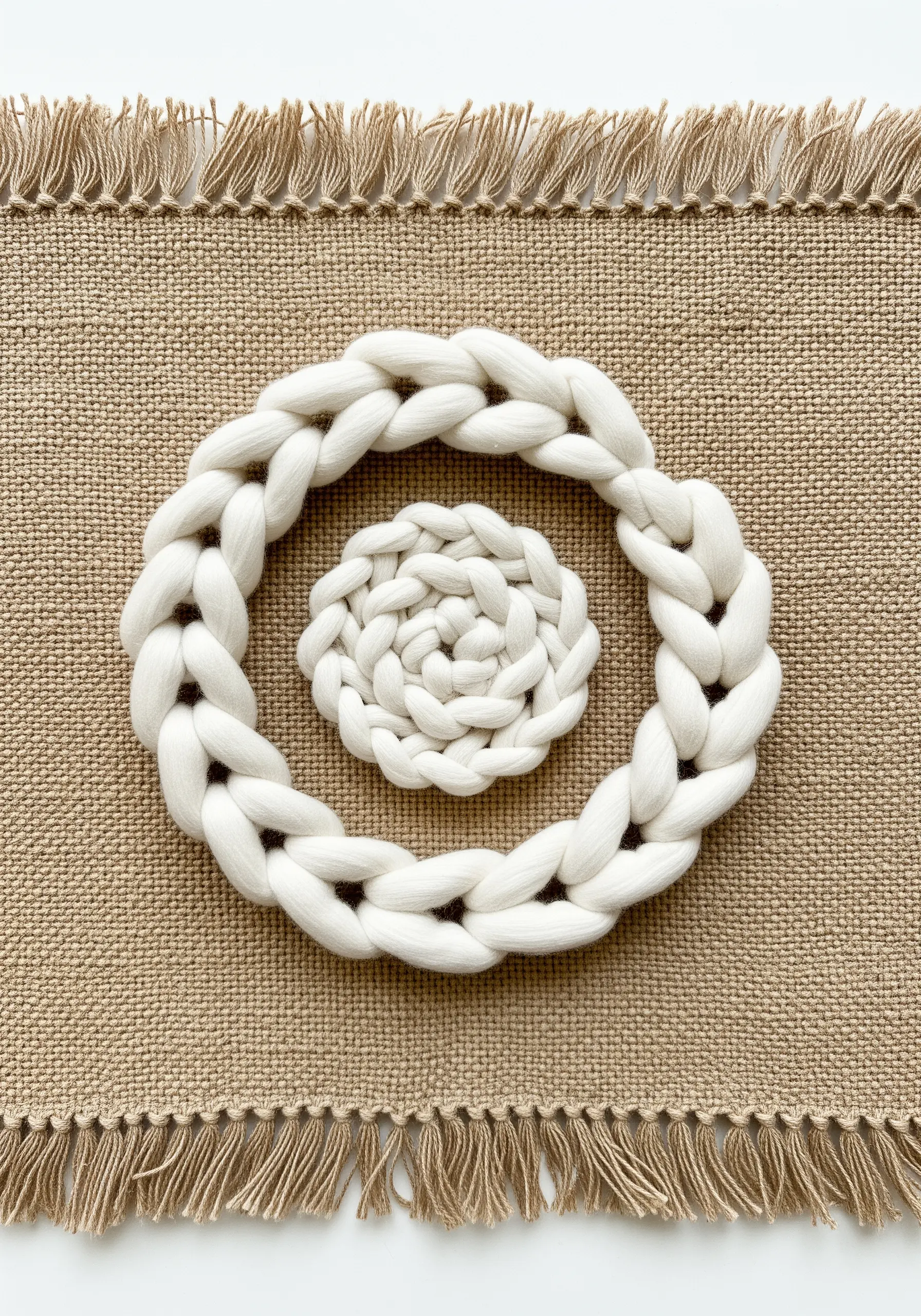 A placemat made of burlap, adorned with a coiled and braided piece of chunky white wool roving.