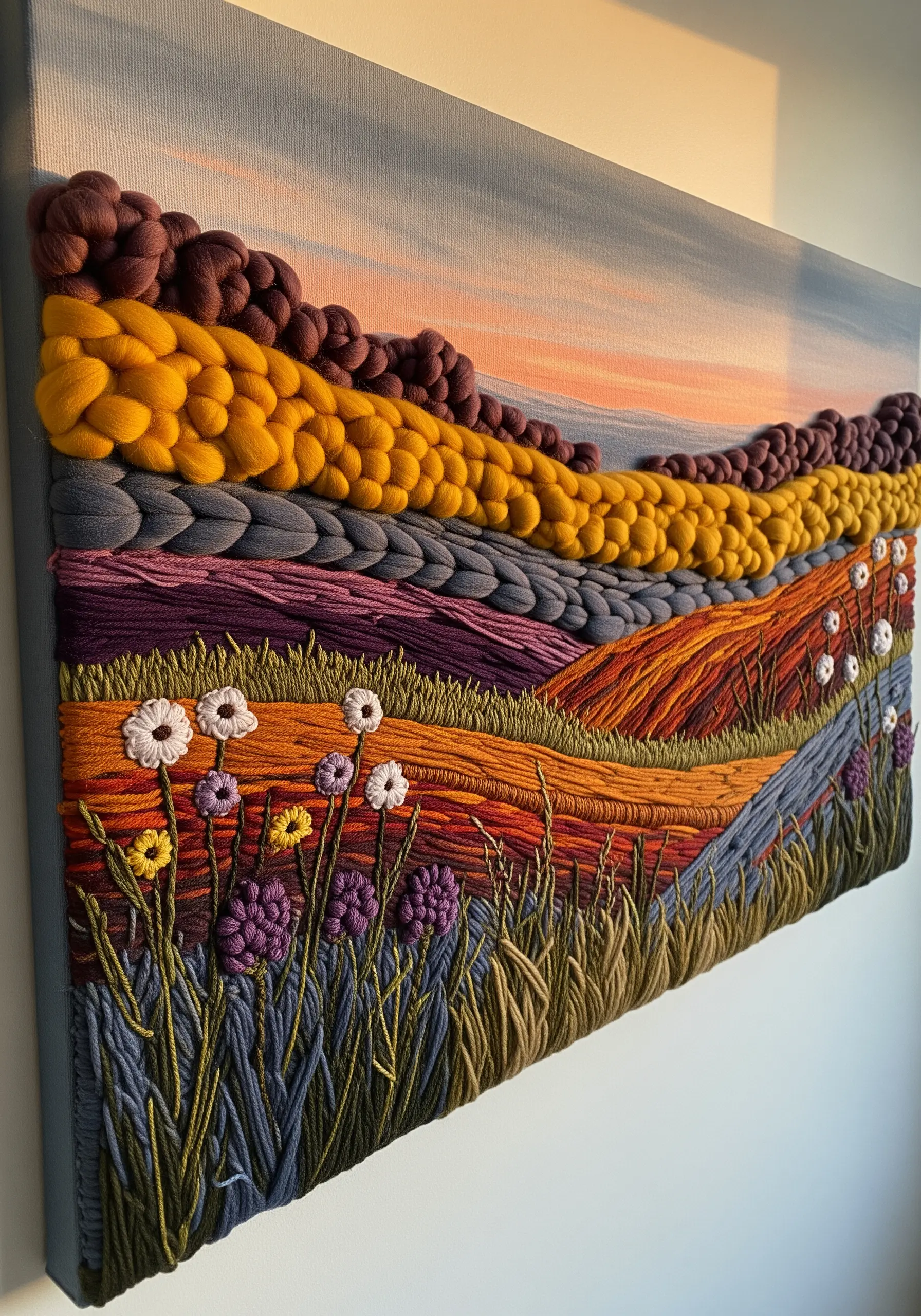 A vibrant, textural landscape embroidery using chunky yarns and woven techniques on canvas.