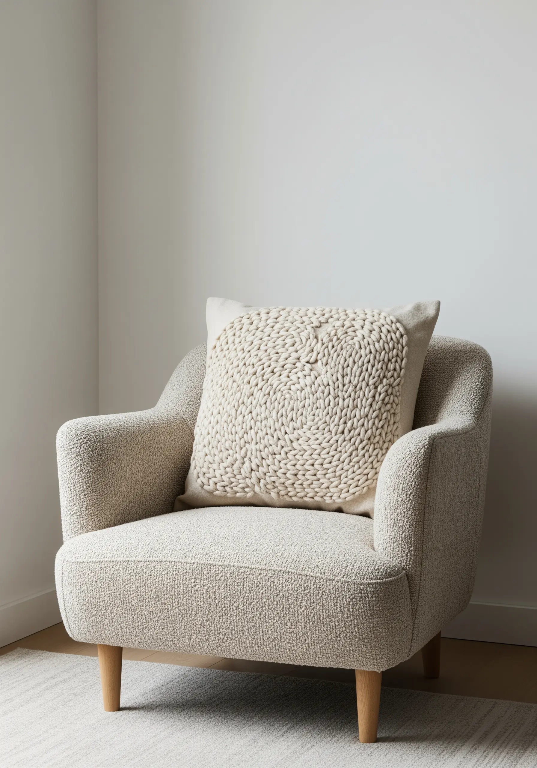 A cream-colored pillow covered in a swirling pattern of chunky couched yarn.