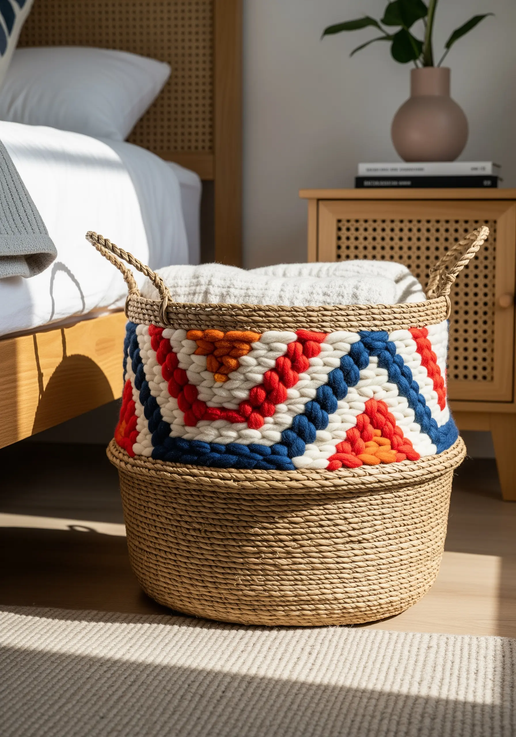 A woven seagrass basket embellished with a thick band of colorful, chunky woven yarn.