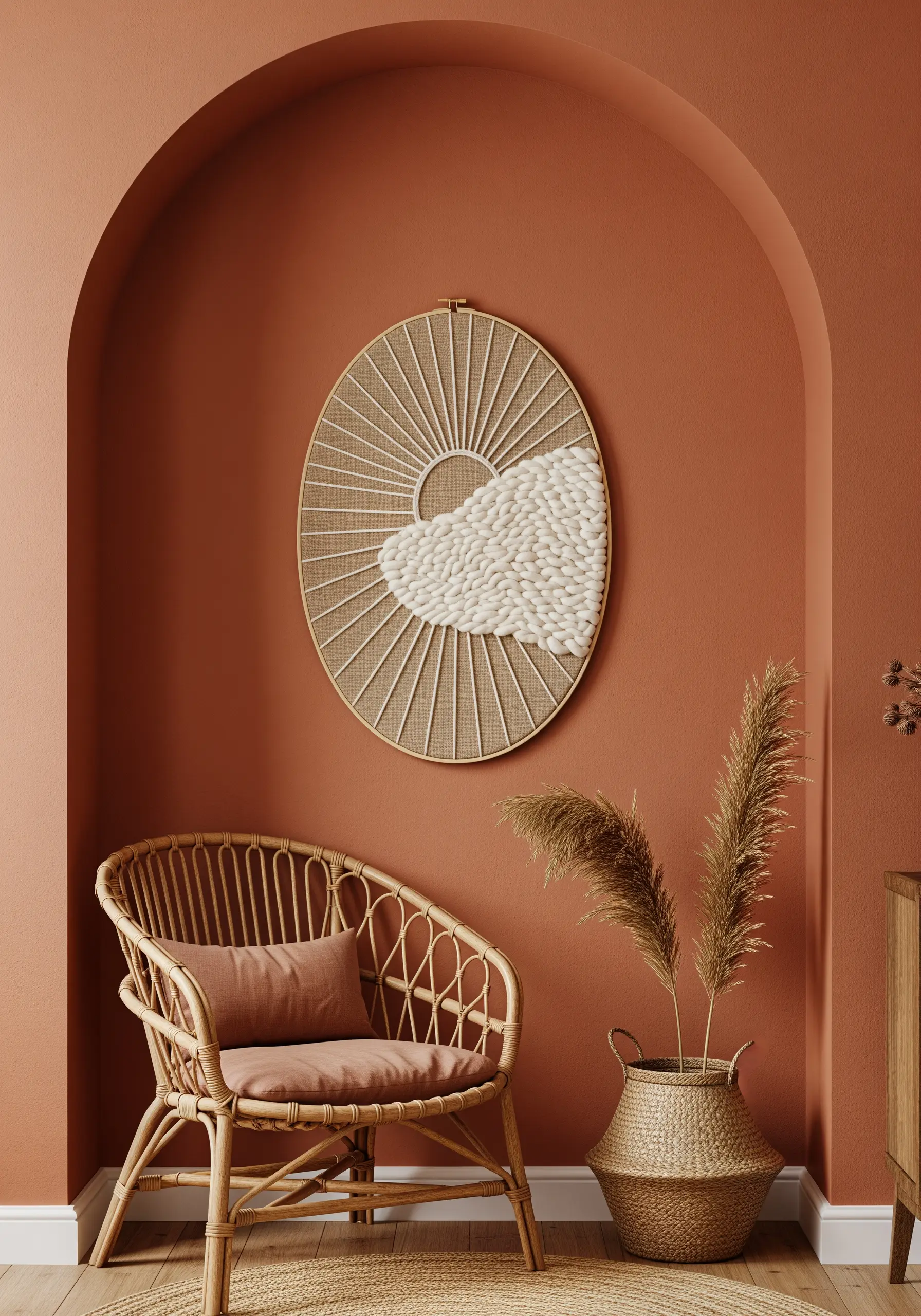 Abstract sun embroidery combining straight stitches with thick, woven white yarn for a 3D cloud.