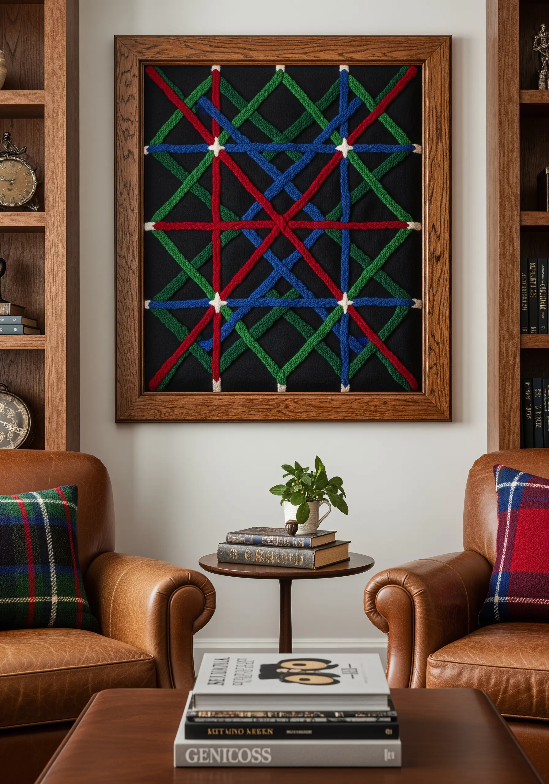 A bold, woven-style embroidery with intersecting red, green, and blue yarn.