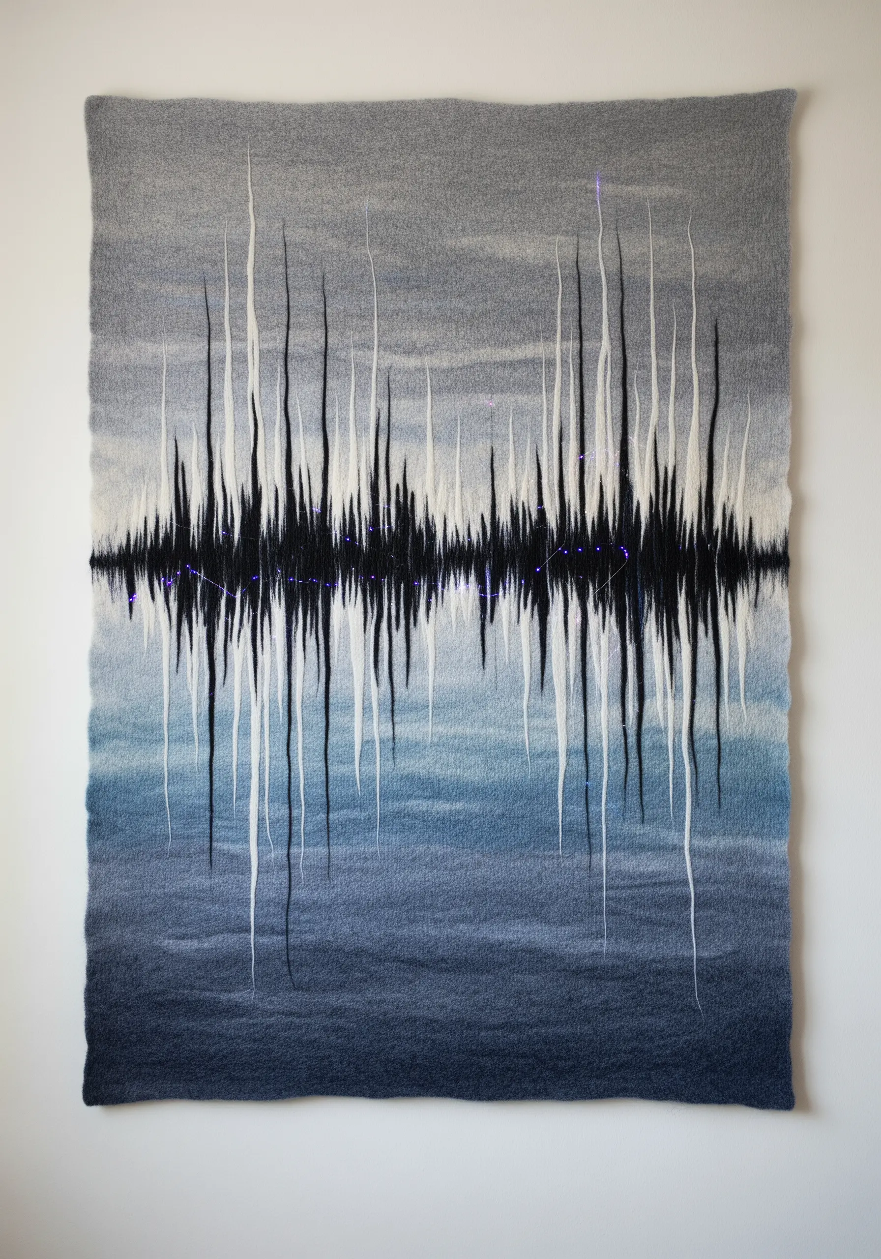 Woven wall tapestry depicting a soundwave in black, white, and blue gradients.