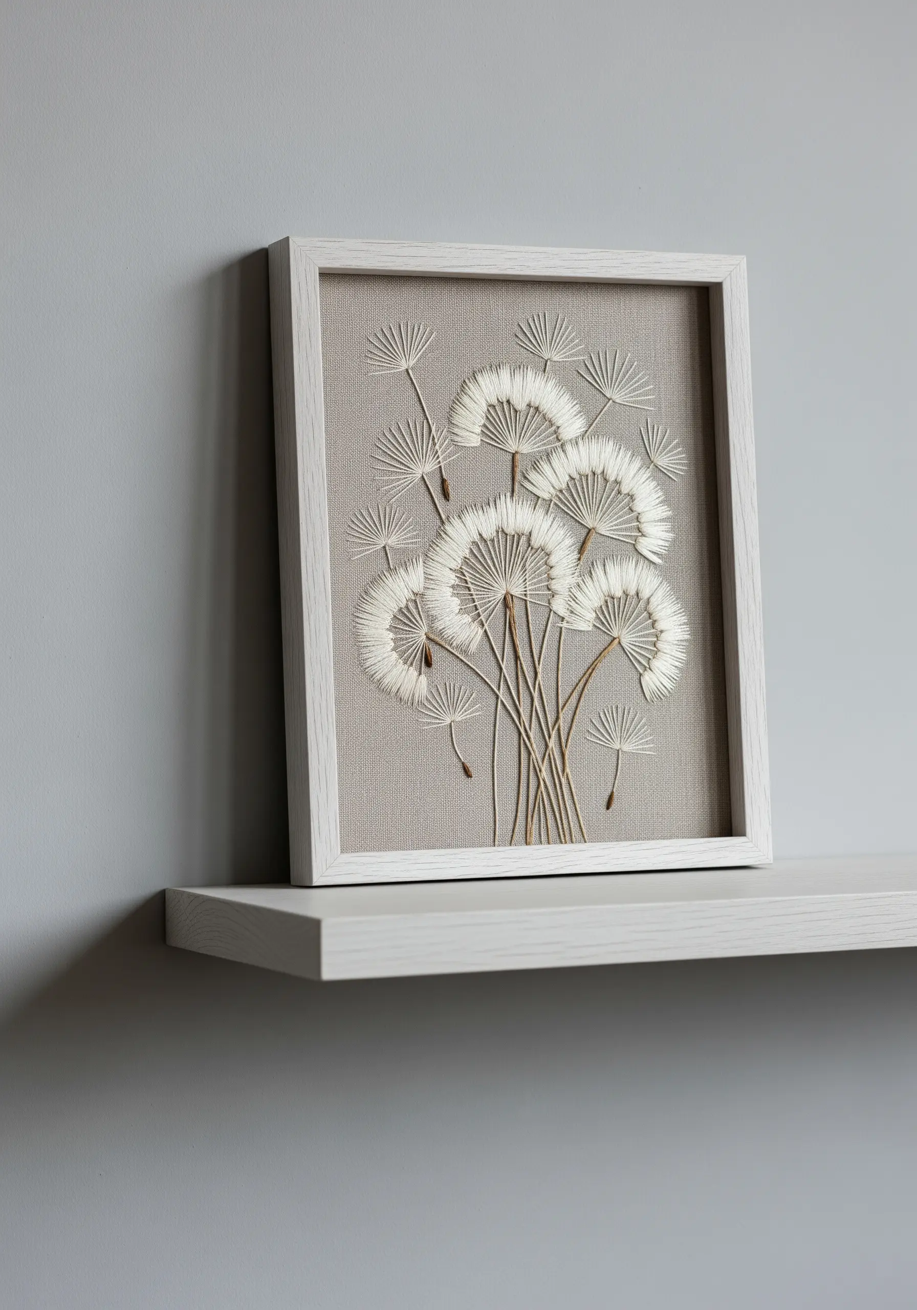 Framed embroidery of dandelion clocks made with white straight stitches.