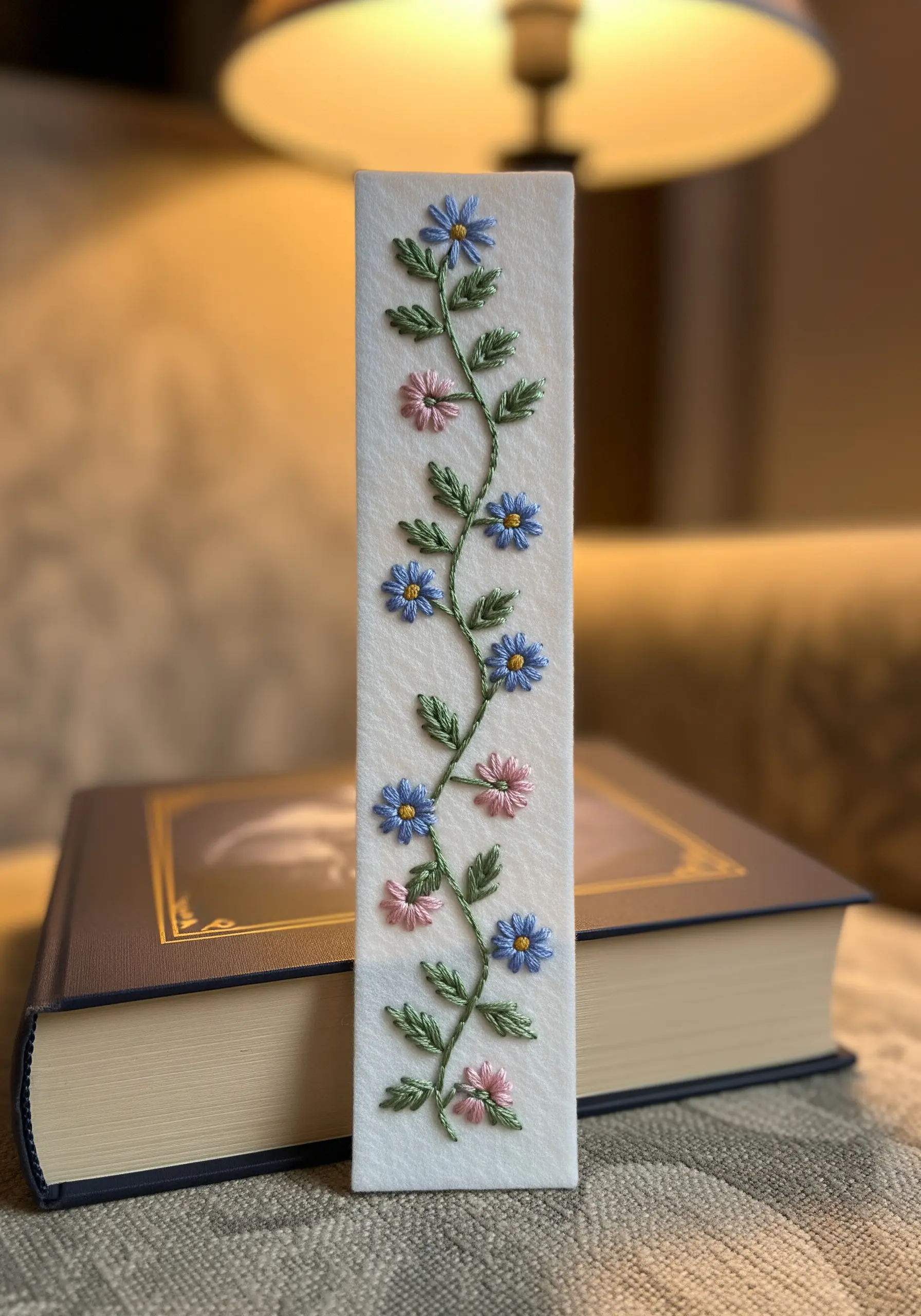 Hand-embroidered bookmark with a delicate floral vine design.