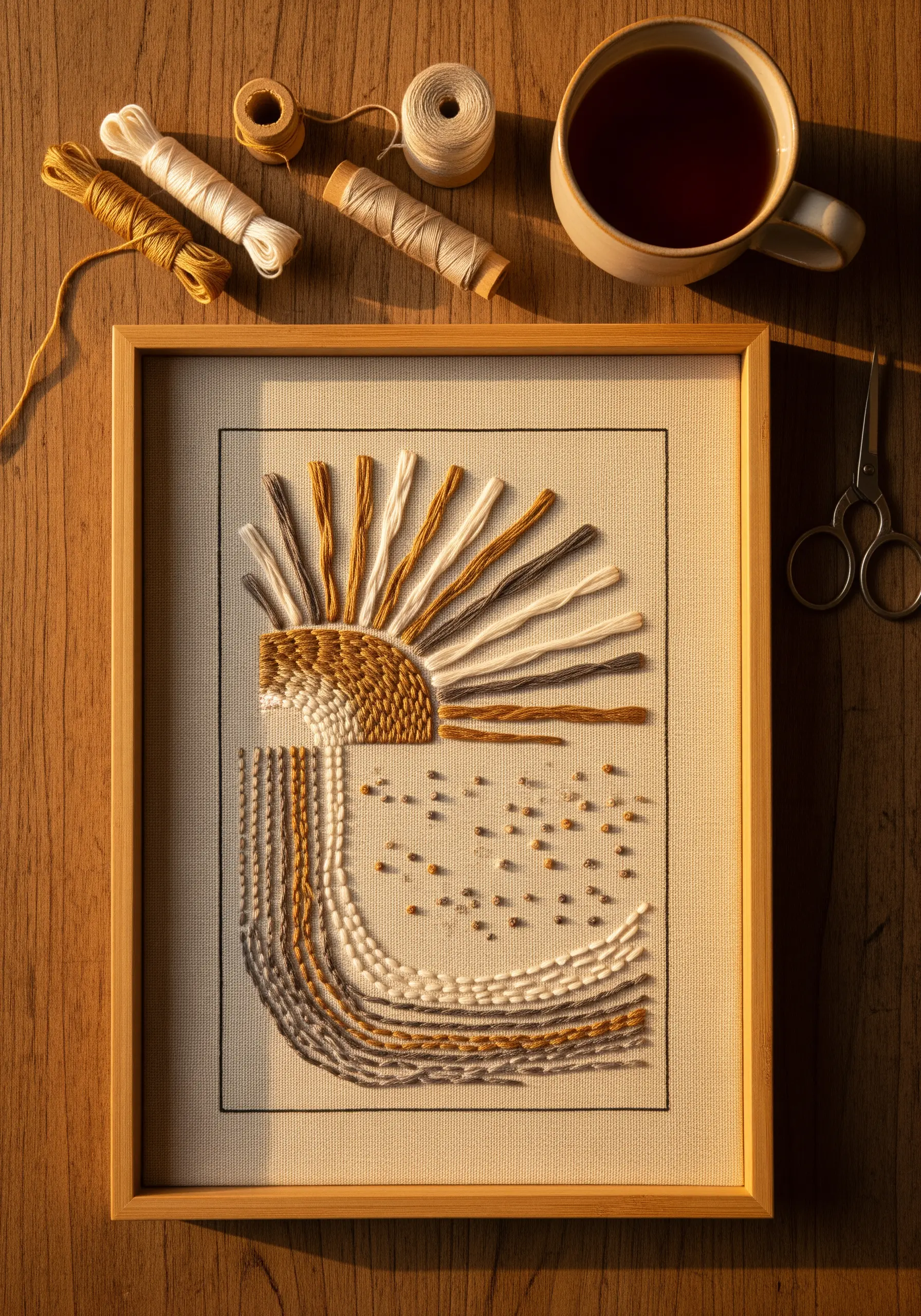 Framed abstract sunburst using woven wheel stitch and long straight stitches in neutral tones.