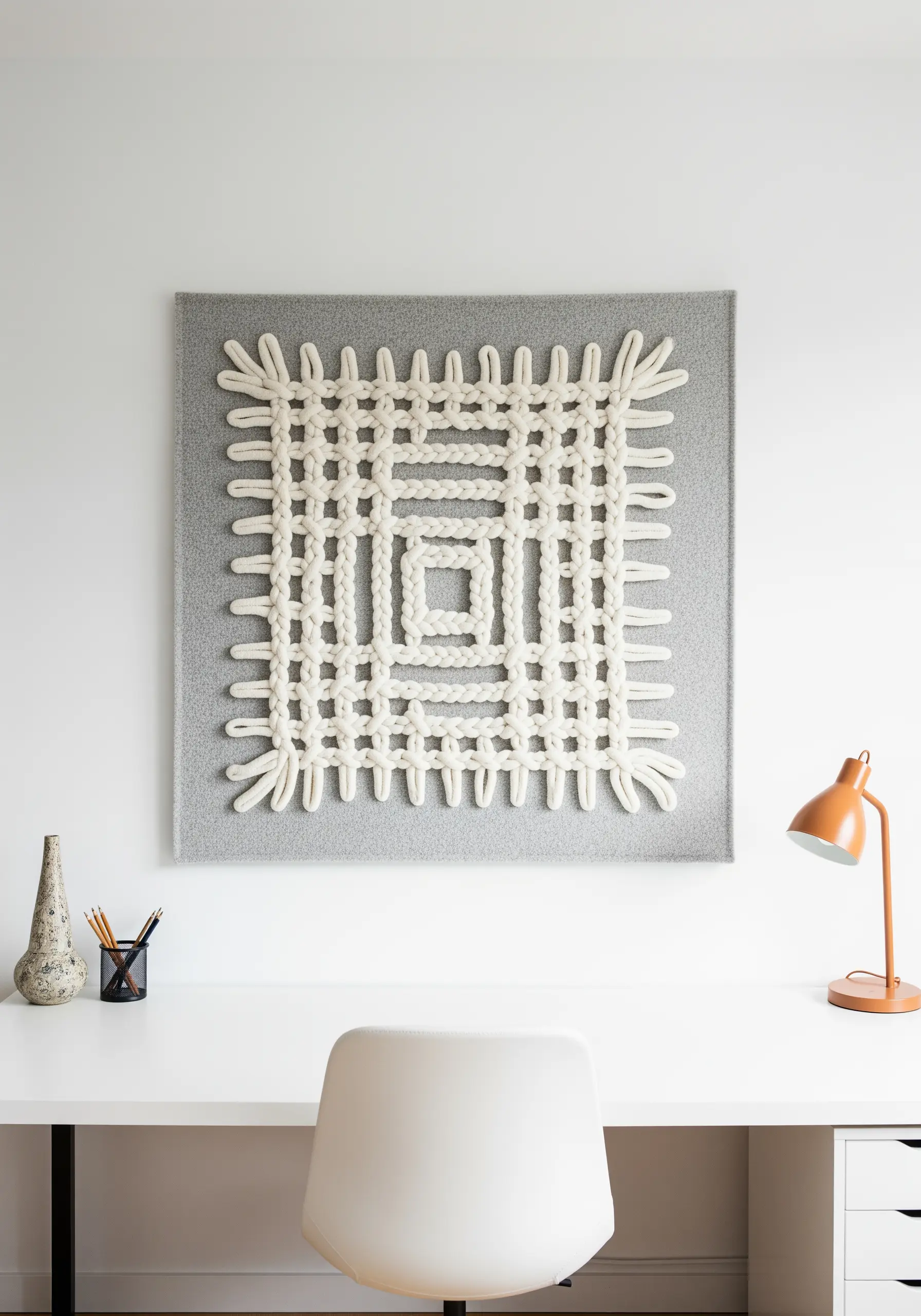 Woven-style wall art with thick, braided white cords on a grey felt background.