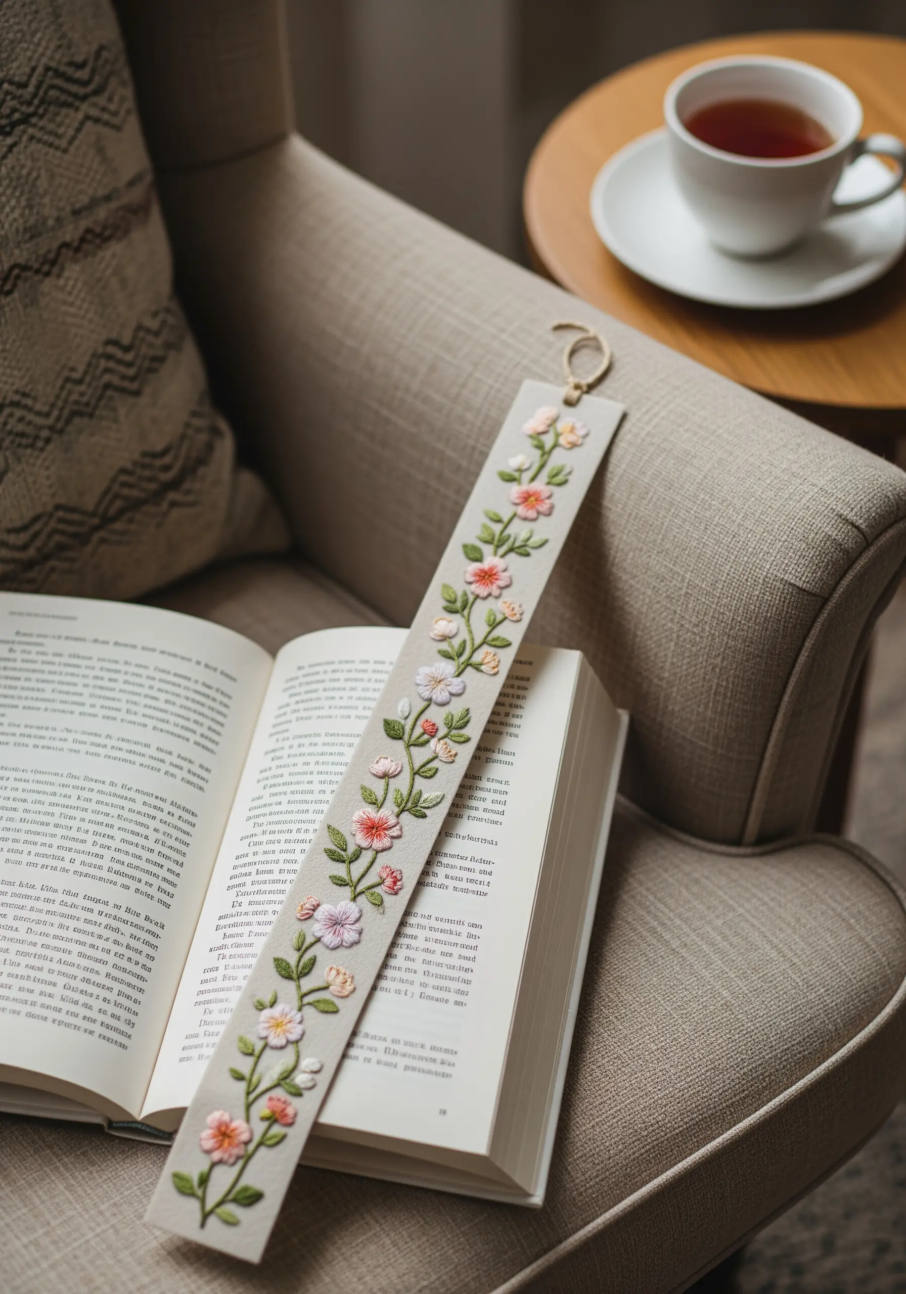 A bookmark adorned with 3D flowers and leaves created using silk ribbon embroidery.