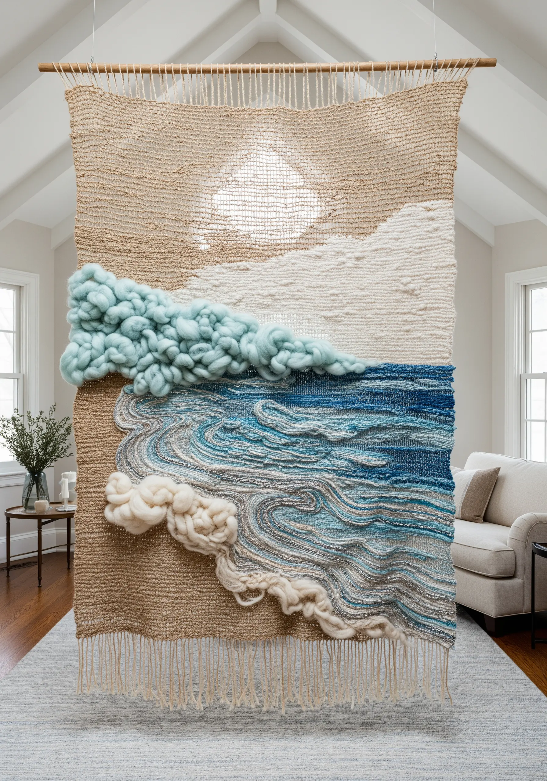 Large woven wall hanging with chunky wool roving creating textural waves and clouds.