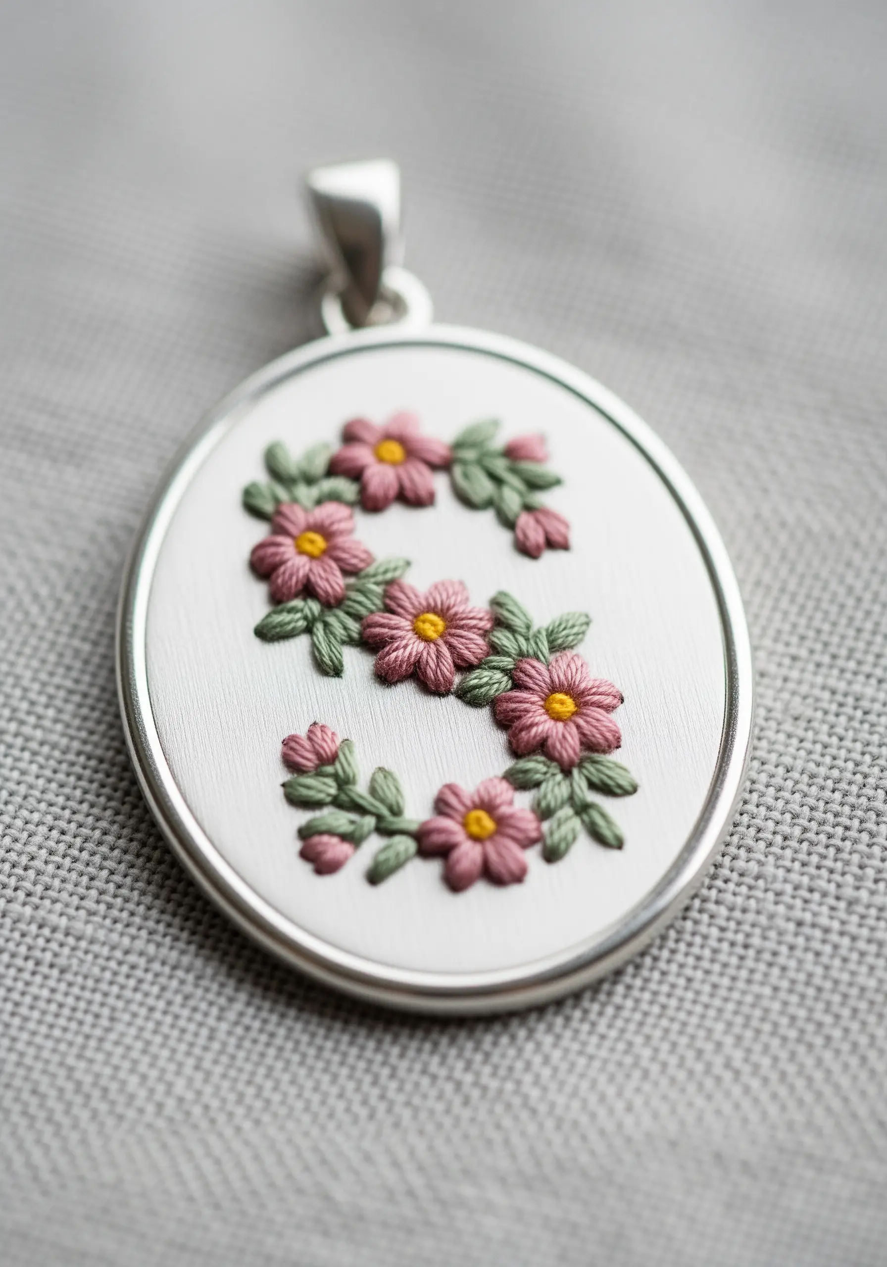A floral letter 'S' embroidered with lazy daisy stitches for a silver pendant.