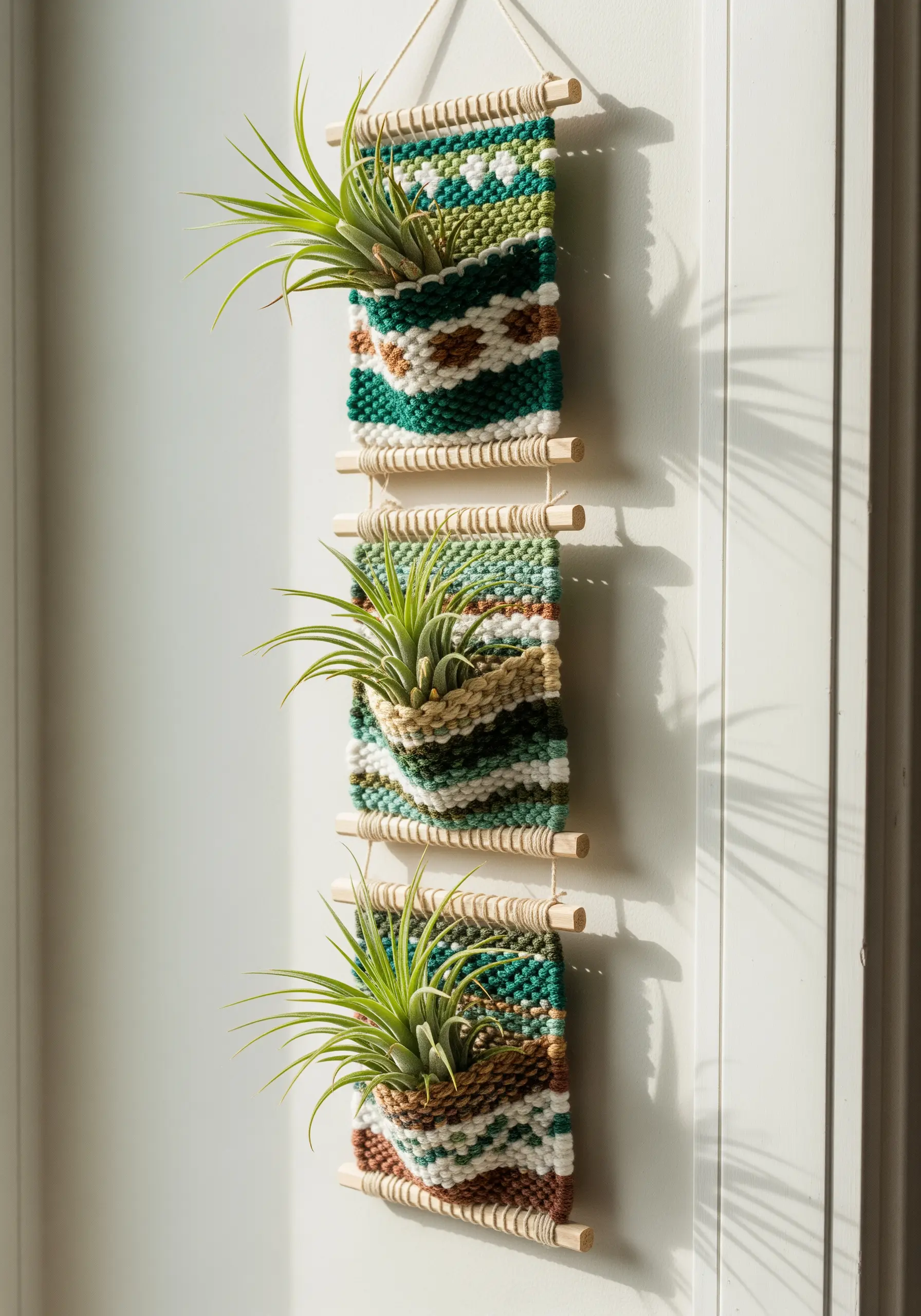 A set of three small woven wall hangings with pockets holding air plants.