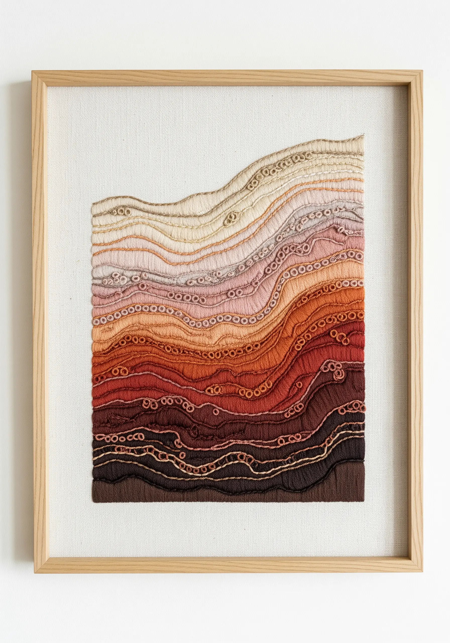 Framed abstract embroidery with horizontal layers of earthy colors and varied textures.