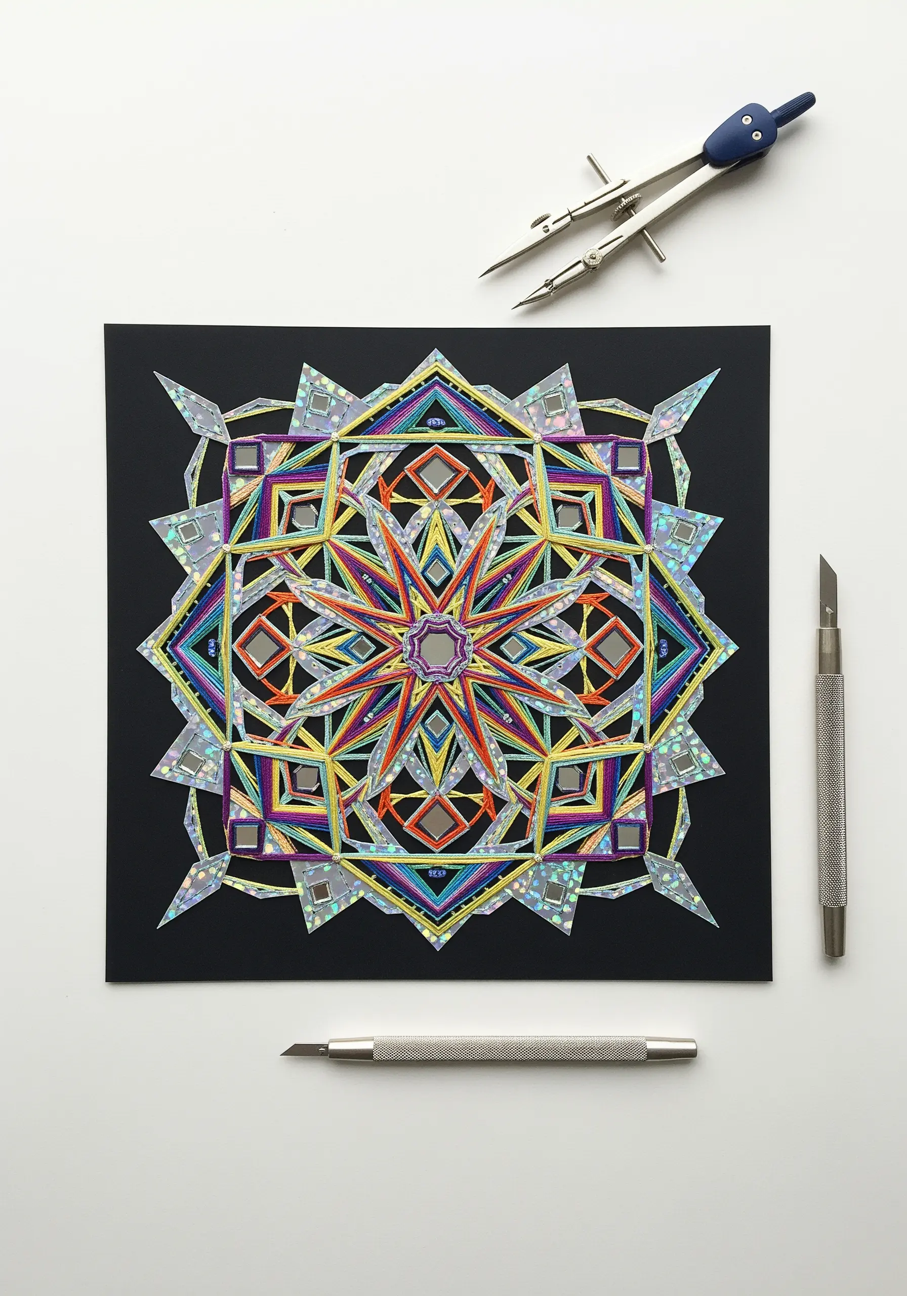 A complex geometric mandala stitched with colorful threads on black paper with holographic details.