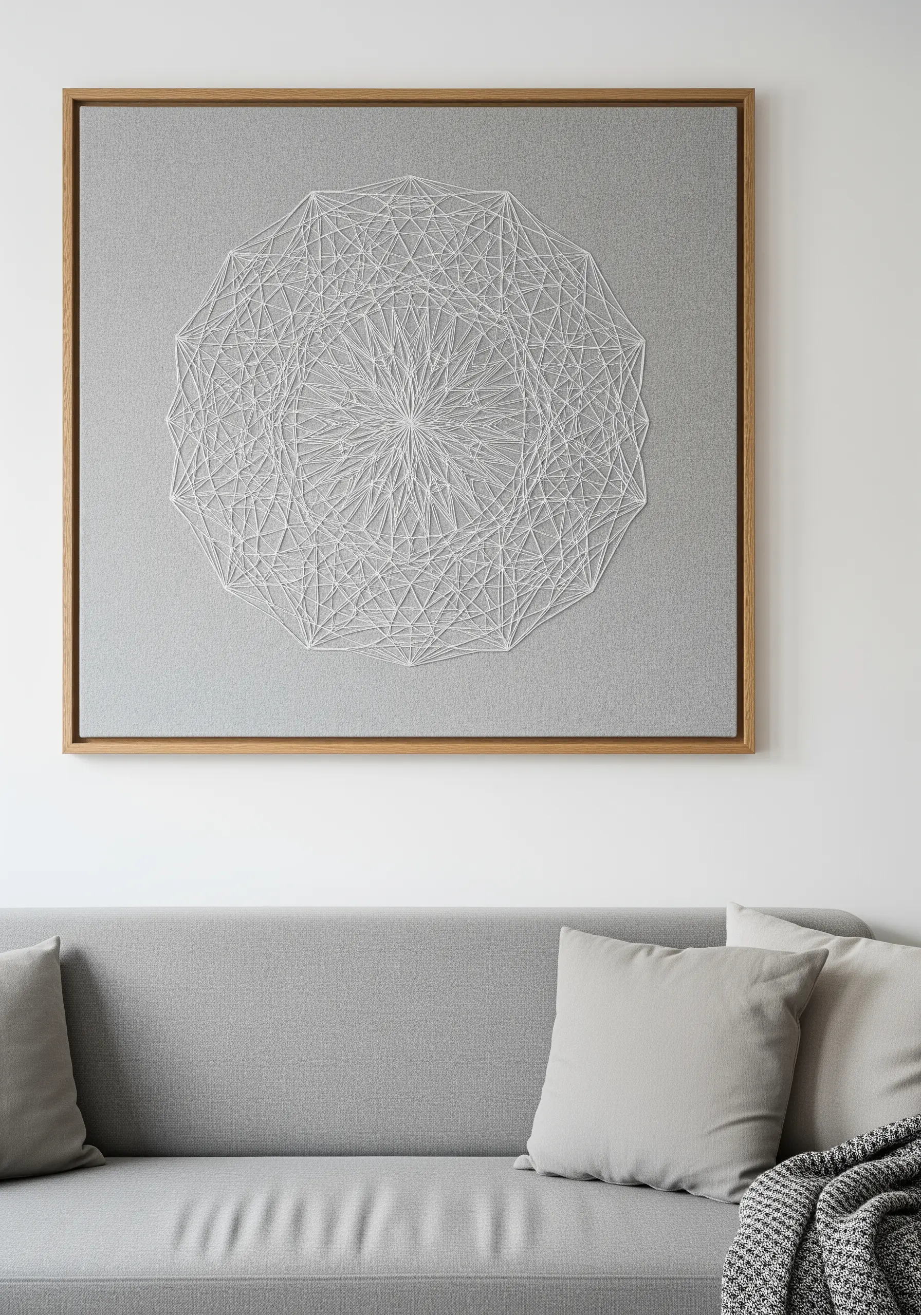 A large framed piece of string art creating a complex white geometric mandala on gray fabric.