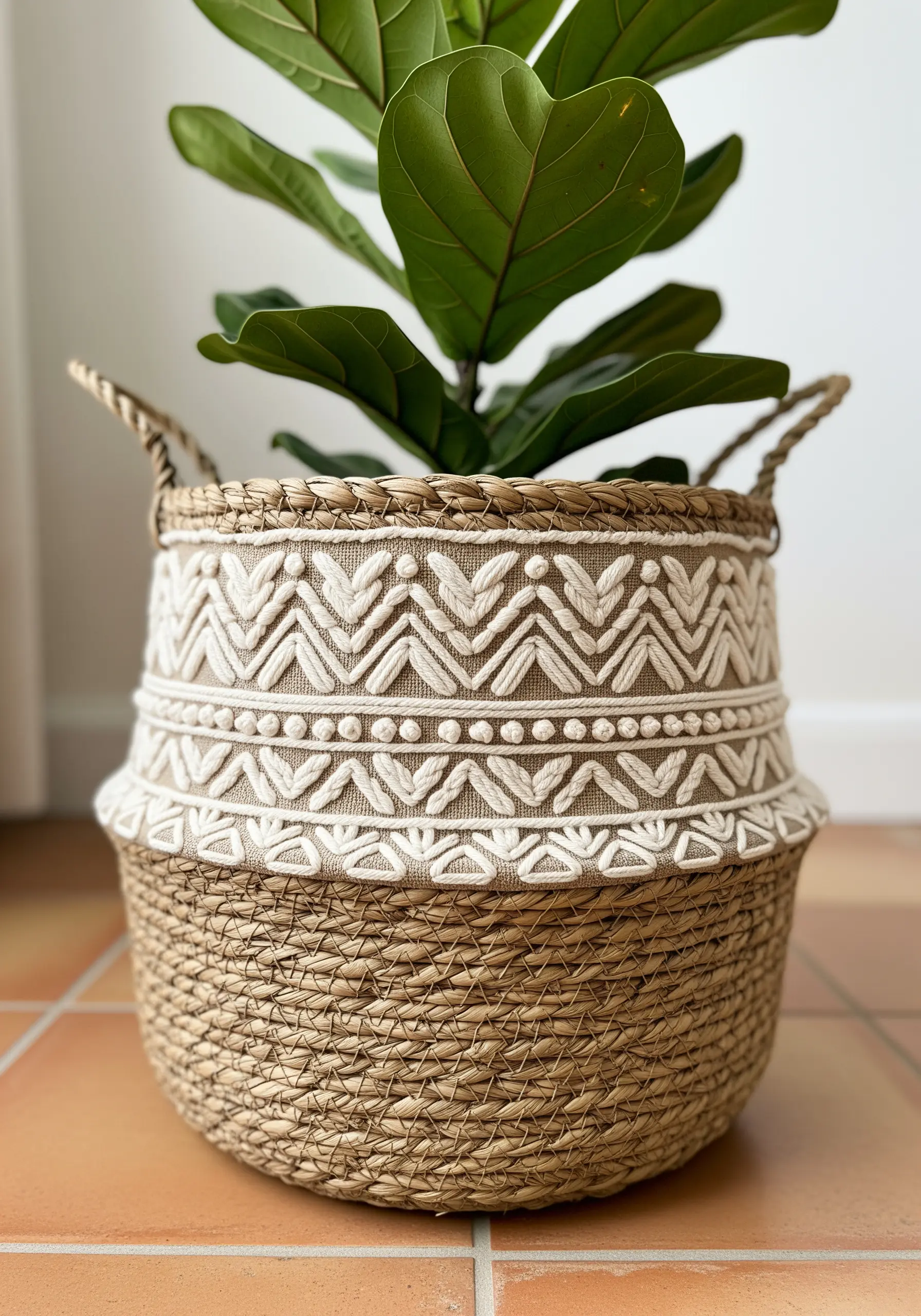 A woven seagrass basket with a wide band of geometric embroidery in thick cream yarn.