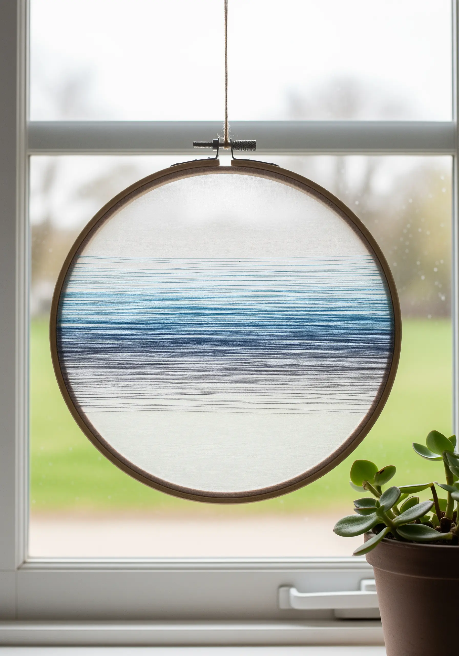 Threads stretched horizontally across an embroidery hoop to create a blue gradient.