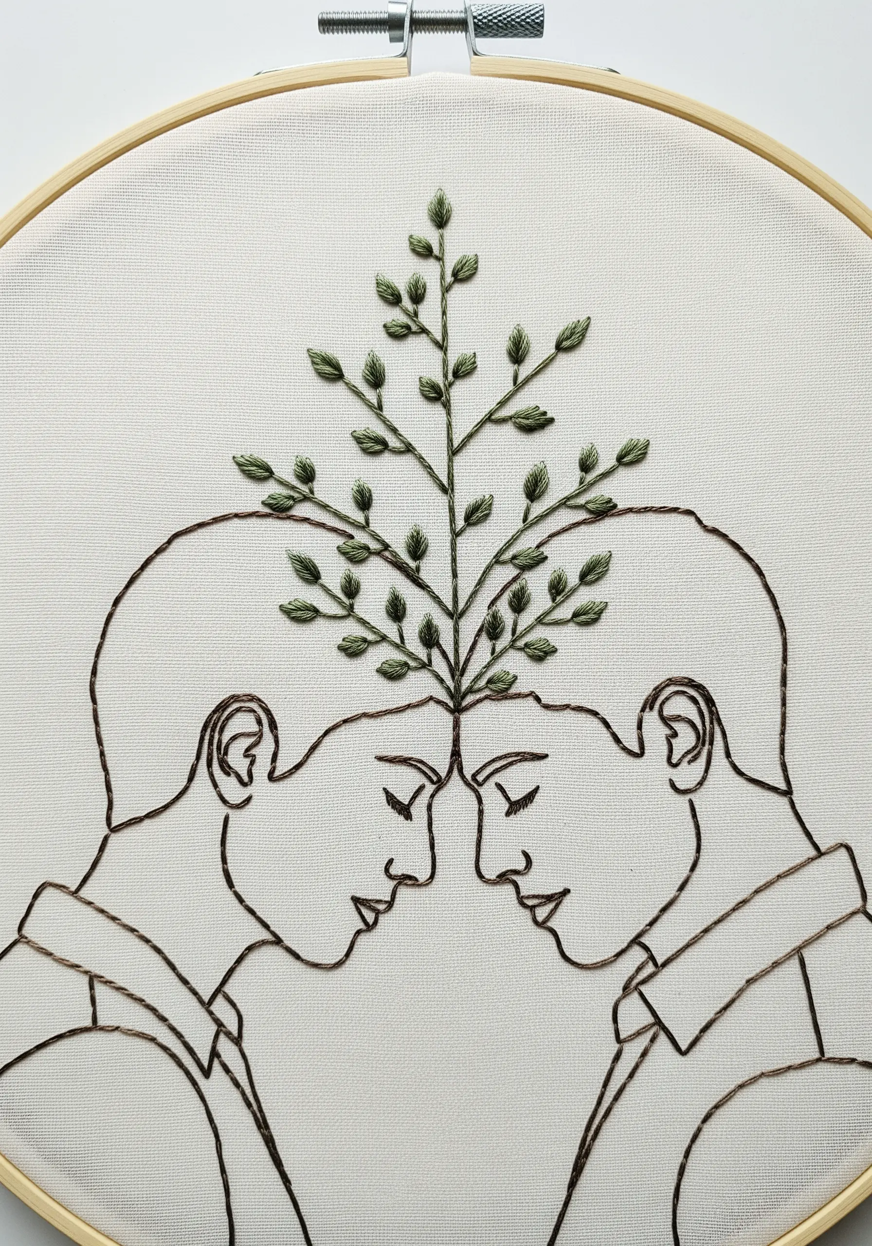 Line art portrait of two people touching foreheads, with a green plant growing between them.