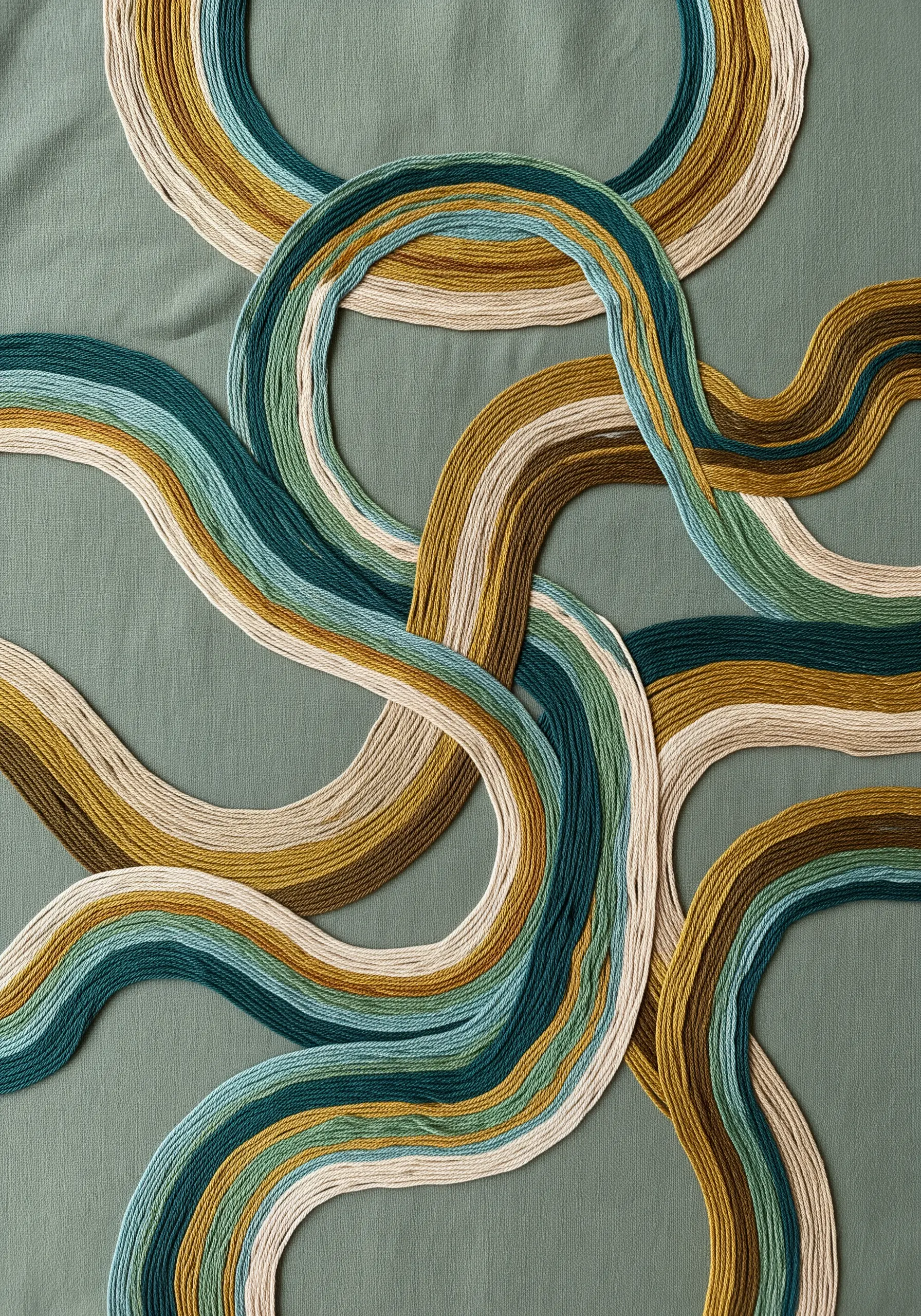 Abstract couched embroidery with flowing, interlocking lines in earthy tones.
