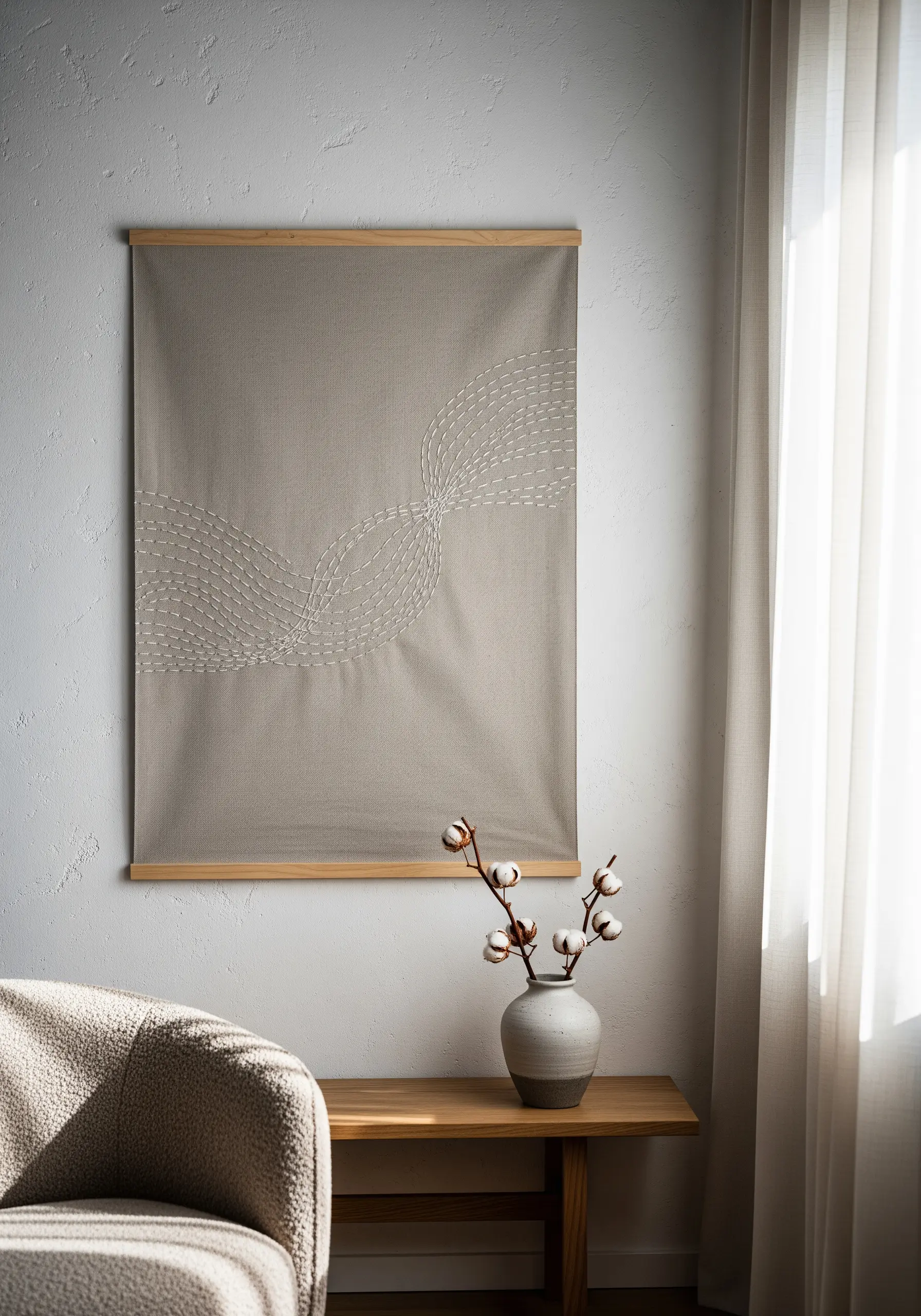 A large greige wall hanging with intersecting arcs of white running stitches.