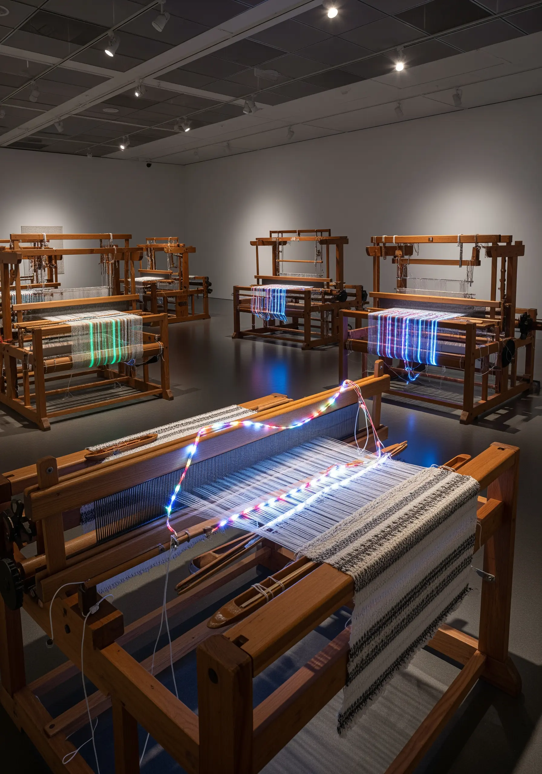 Several wooden looms with weavings in progress, illuminated by colorful LED lights woven in.