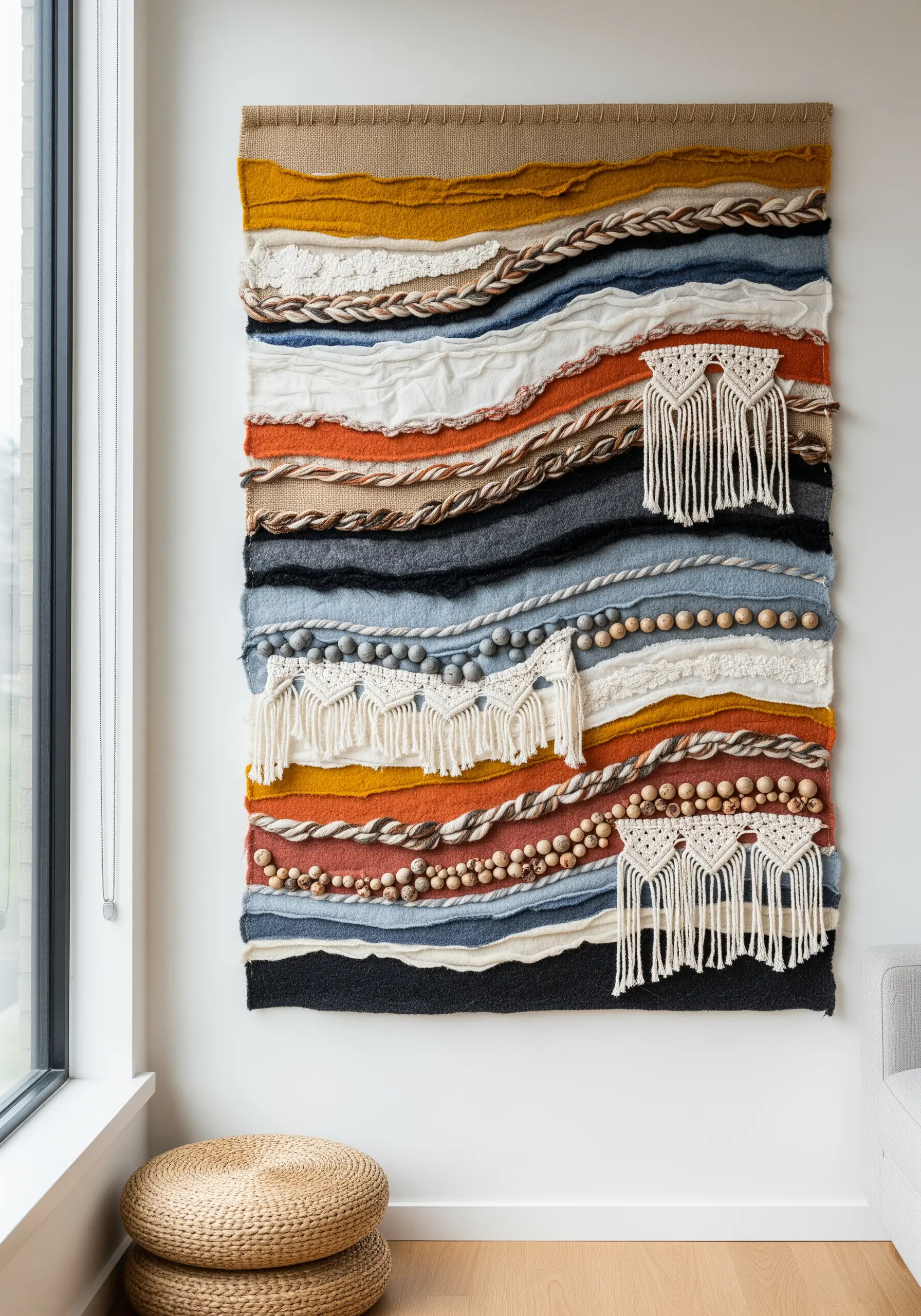 A large woven wall hanging with integrated macrame, wool roving, and wooden beads.