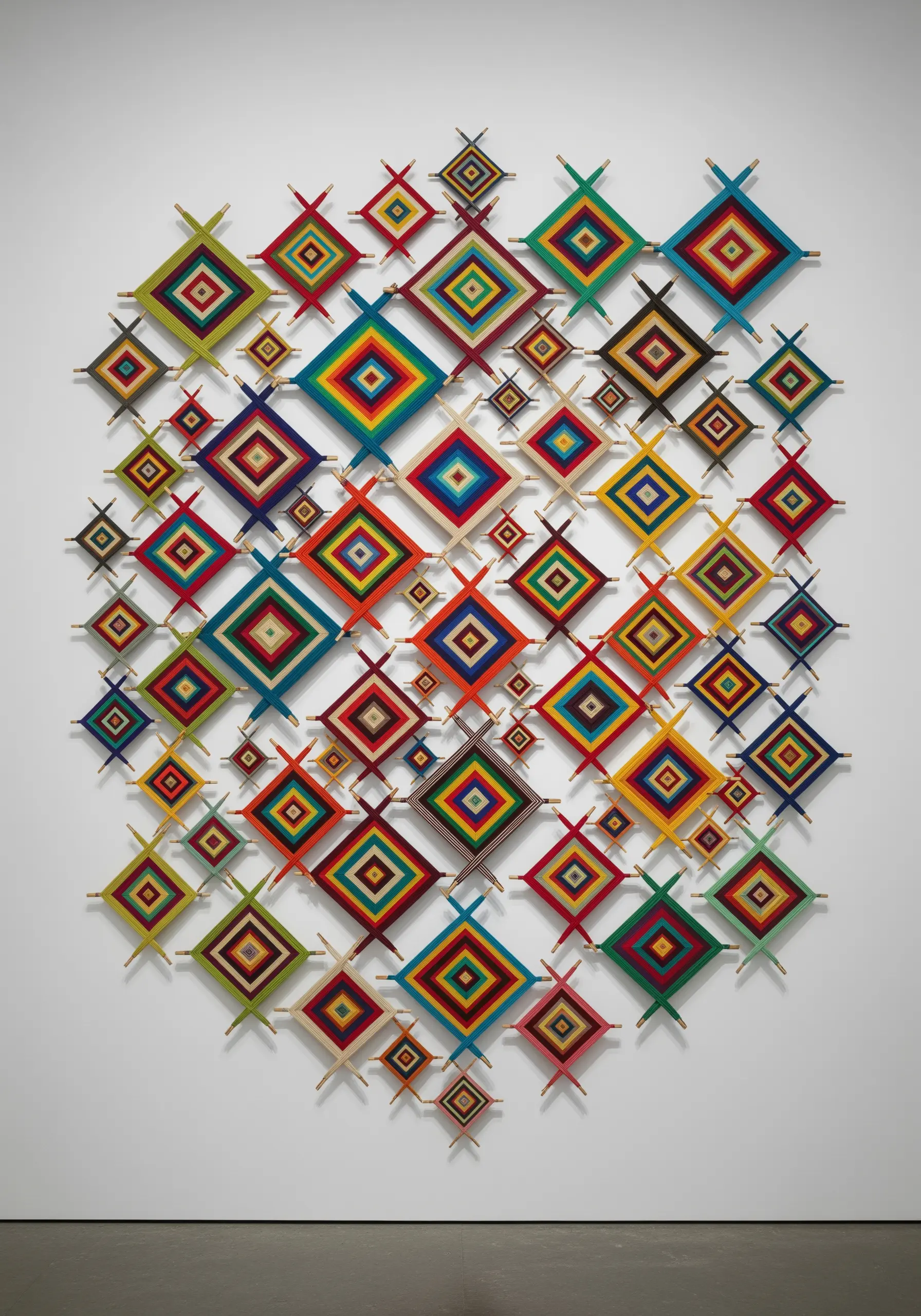 A wall installation of dozens of colorful, diamond-shaped Ojo de Dios yarn weavings.