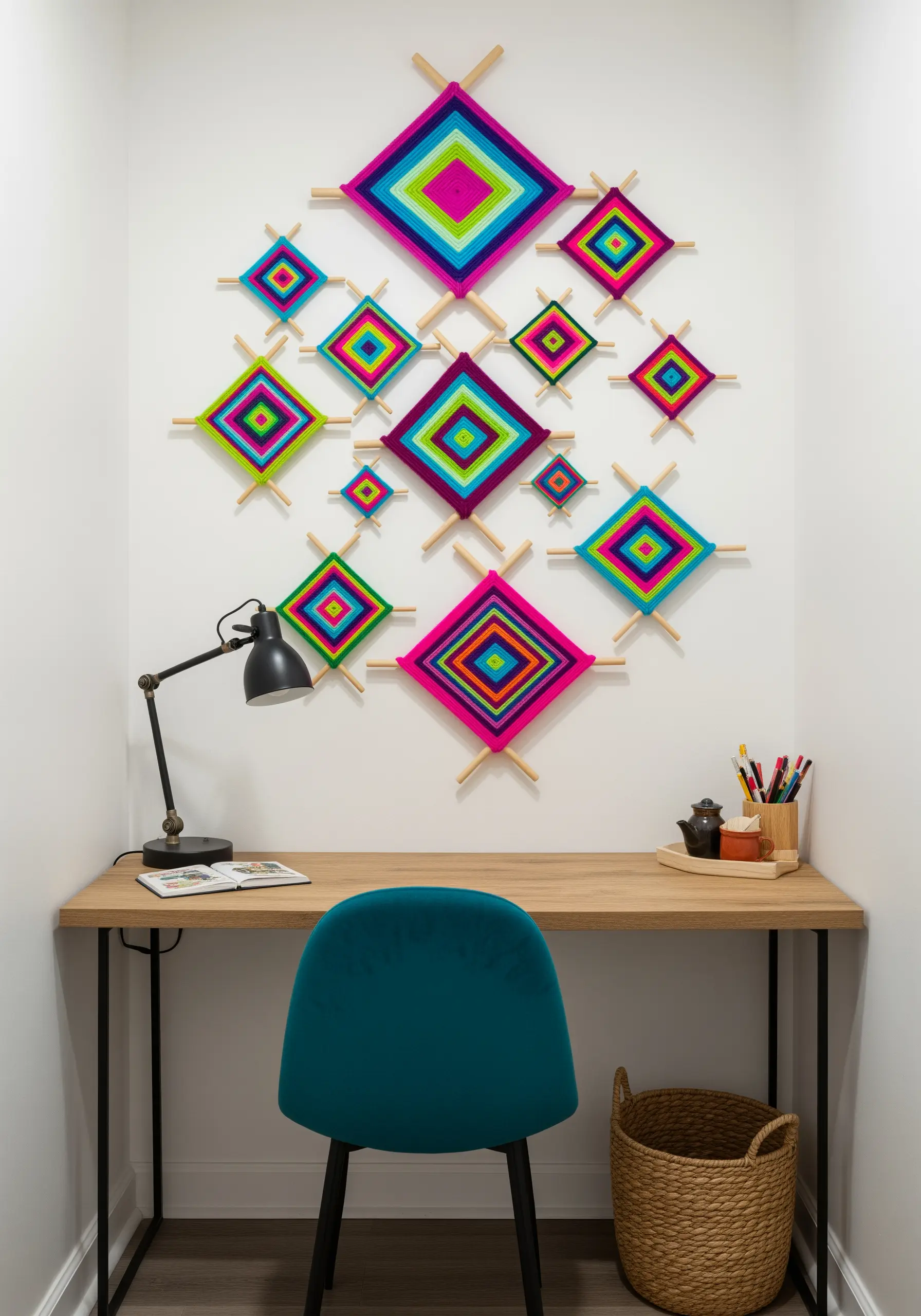 A collection of colorful God's Eye weavings arranged on a wall above a desk.