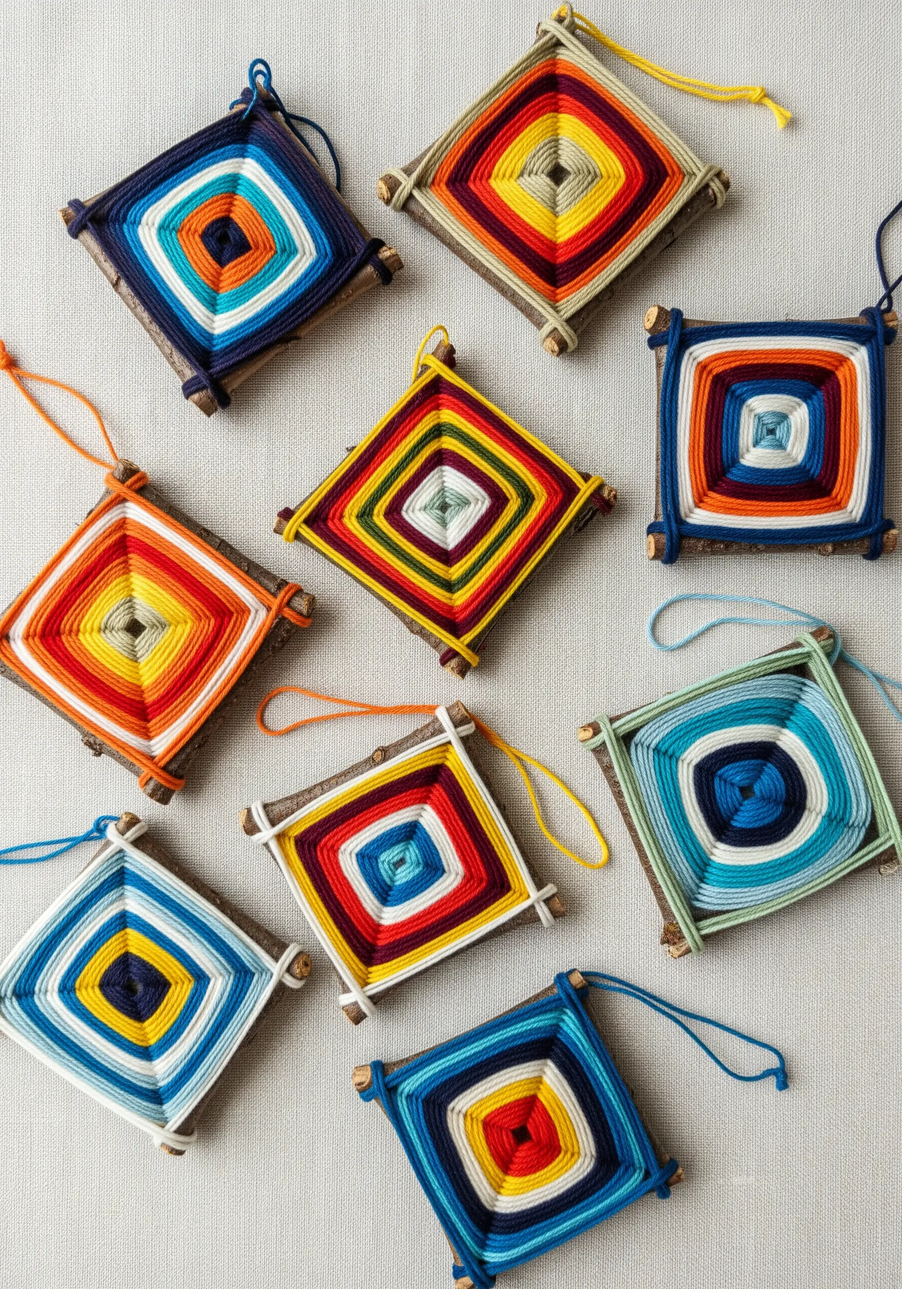 A collection of colorful 'Ojo de Dios' weavings made with yarn and sticks on a neutral background.