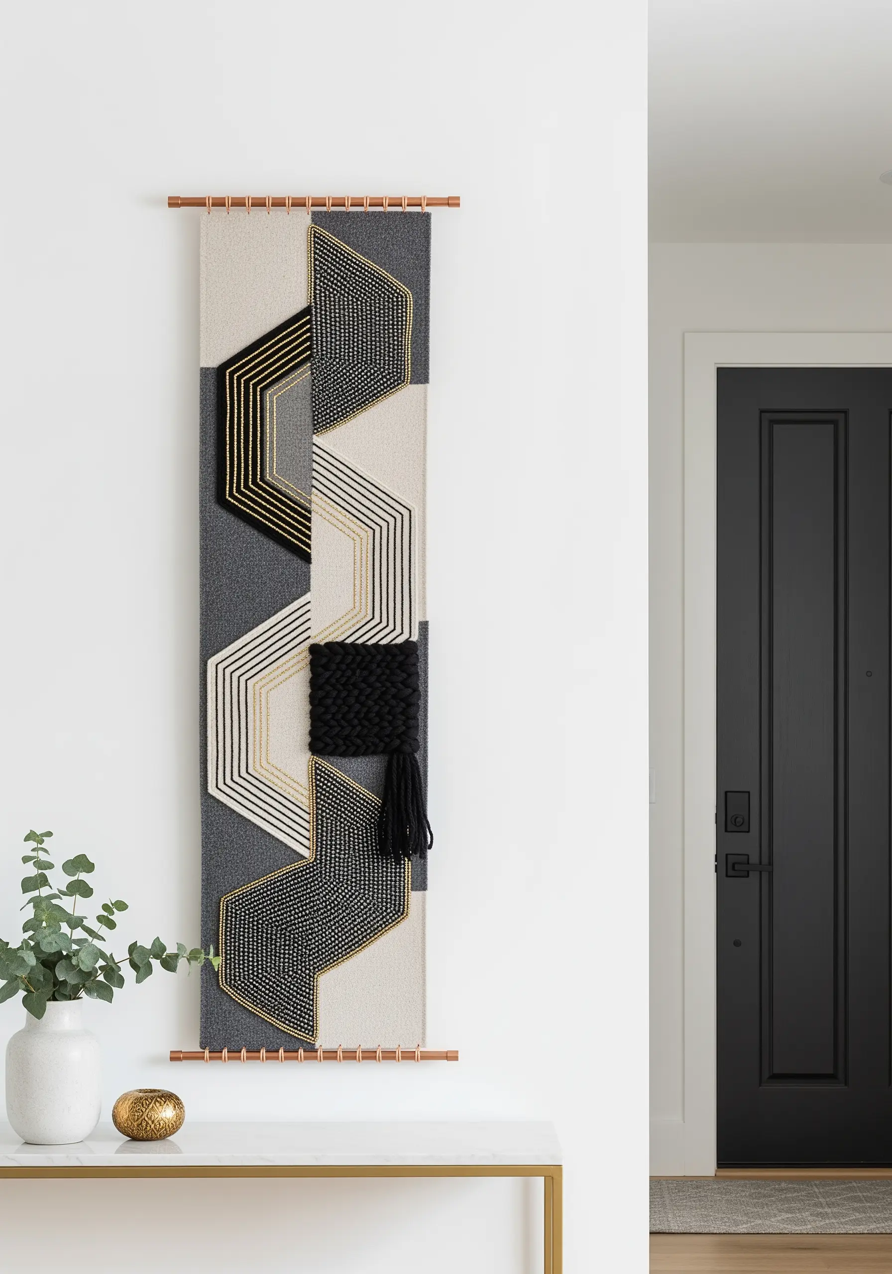 Modern geometric woven wall hanging with gold metallic thread outlines and black yarn tufts.