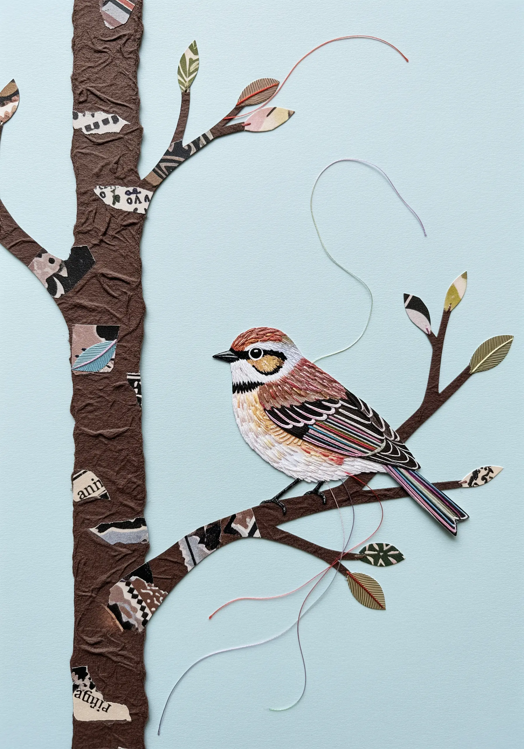 A collage of a bird on a branch, where the tree and leaves are made from textured and printed paper scraps.