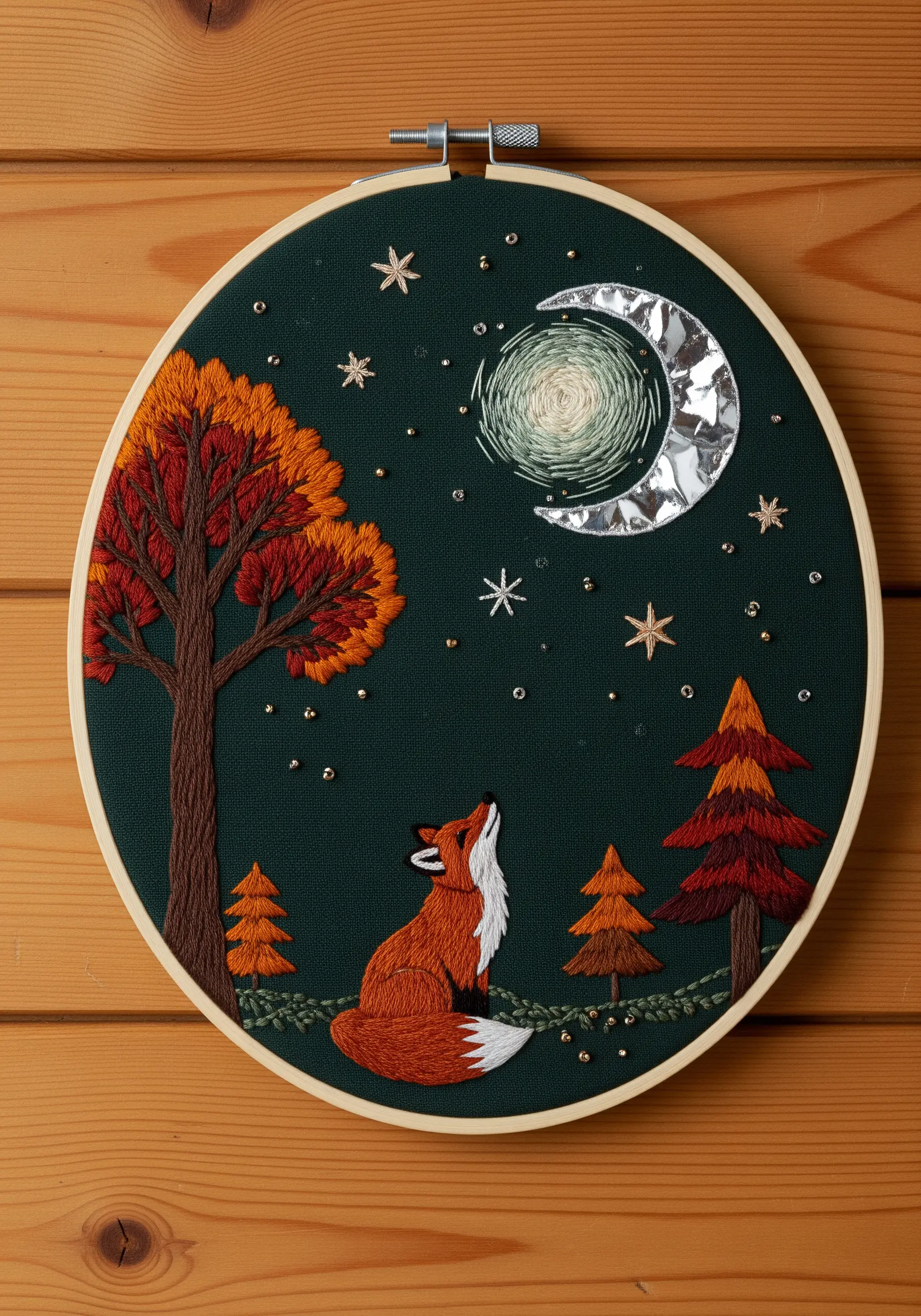 Embroidery of a fox looking at a shiny, appliquéd moon in a forest setting.